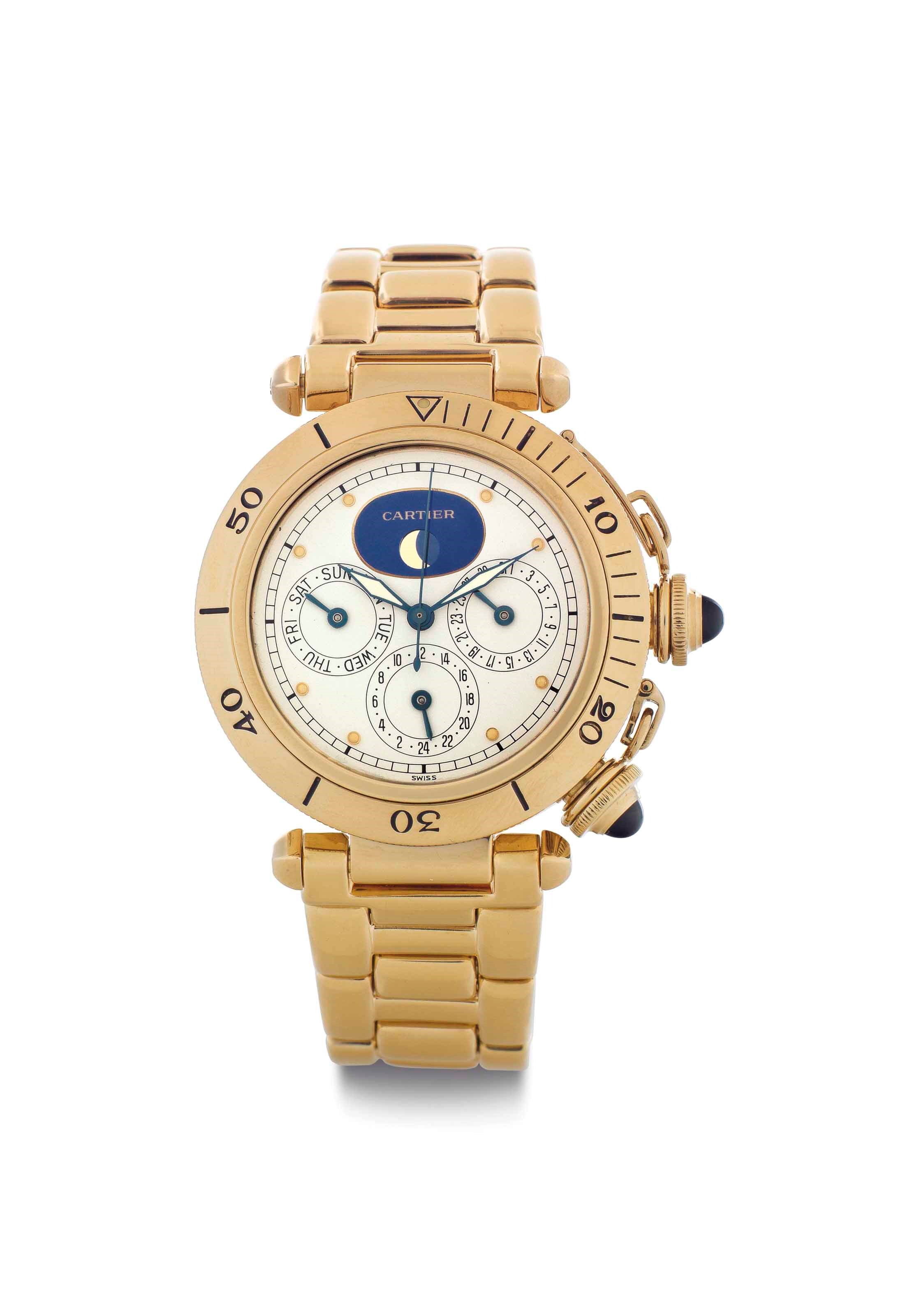 Cartier. An 18k Gold Calendar Bracelet Watch with Day, Date, 24-Hour Indication, and Moon Phases