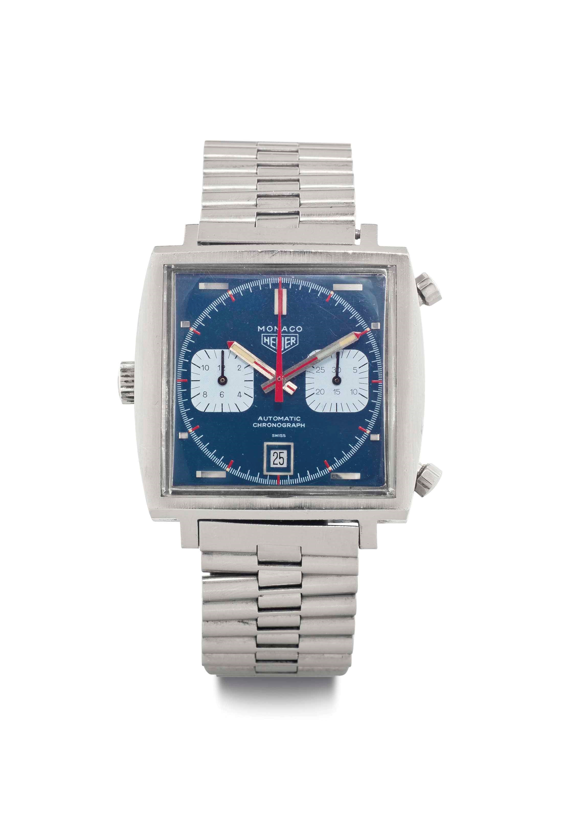Heuer. An Unusual and Large Stainless Steel Square-Shaped Automatic Chronograph Wristwatch with Date