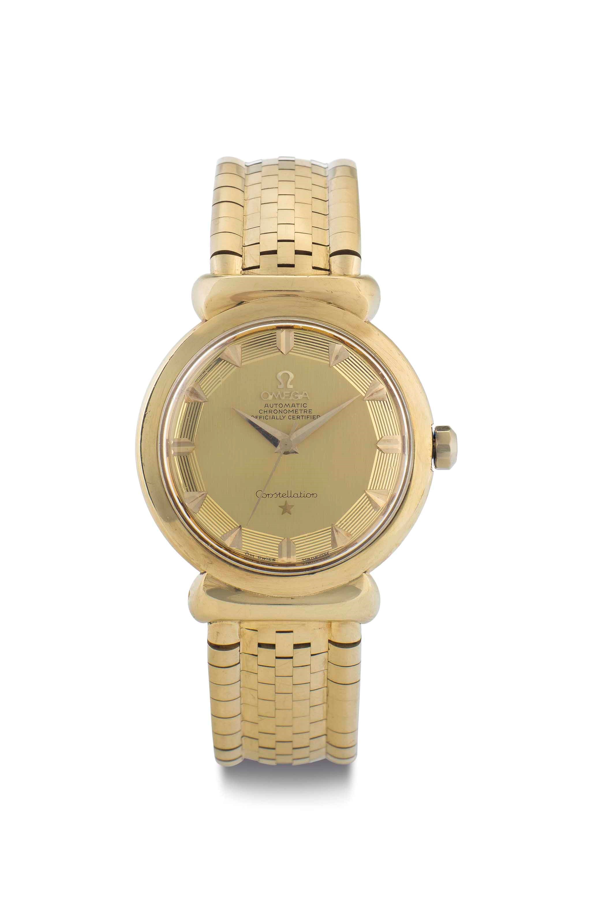 Omega. A Fine and Rare 18k Gold Automatic Wristwatch with Hooded Lugs and Bracelet