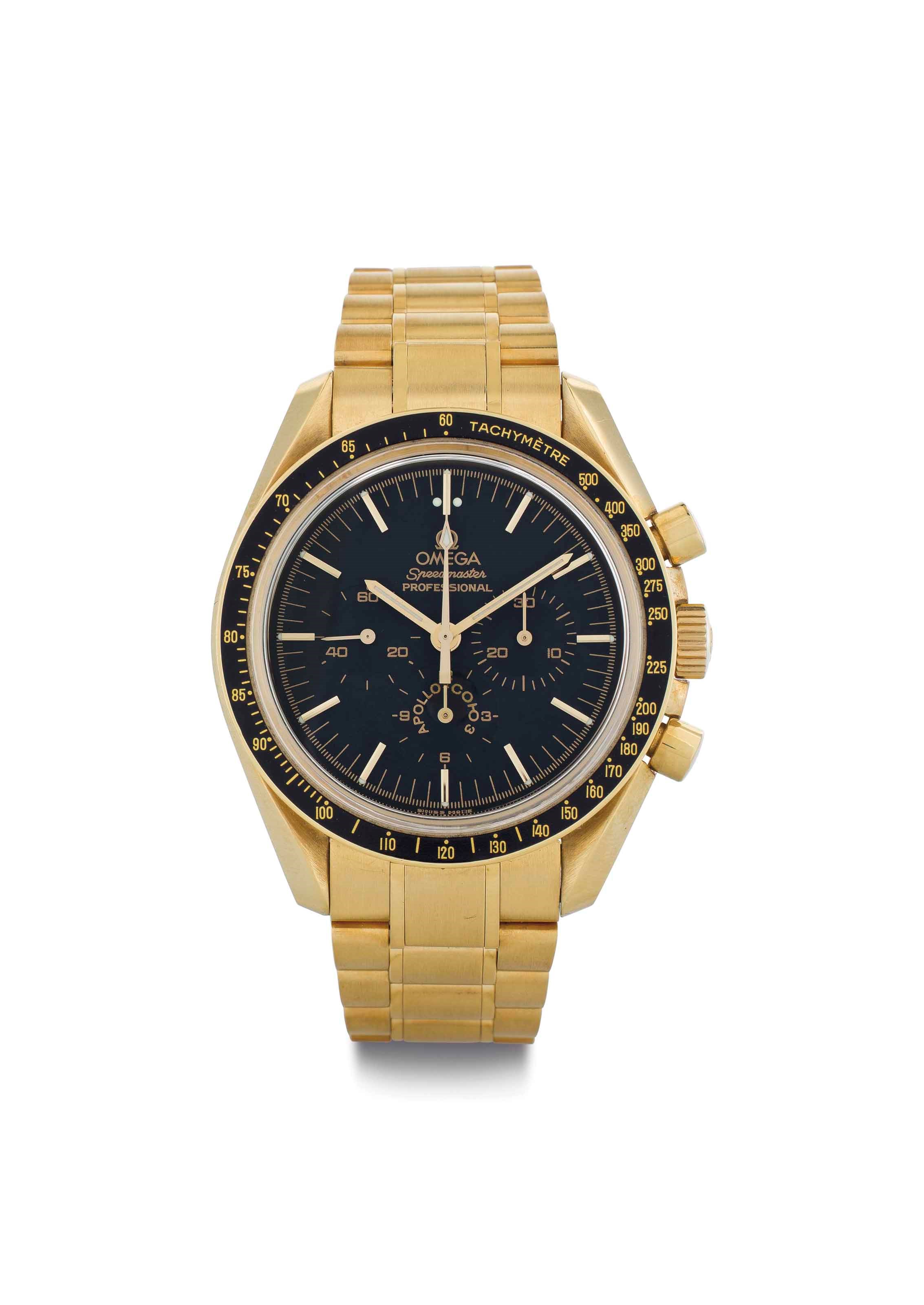 Omega. A Fine and Rare 18k Gold Limited Edition Chronograph Wristwatch with Bracelet