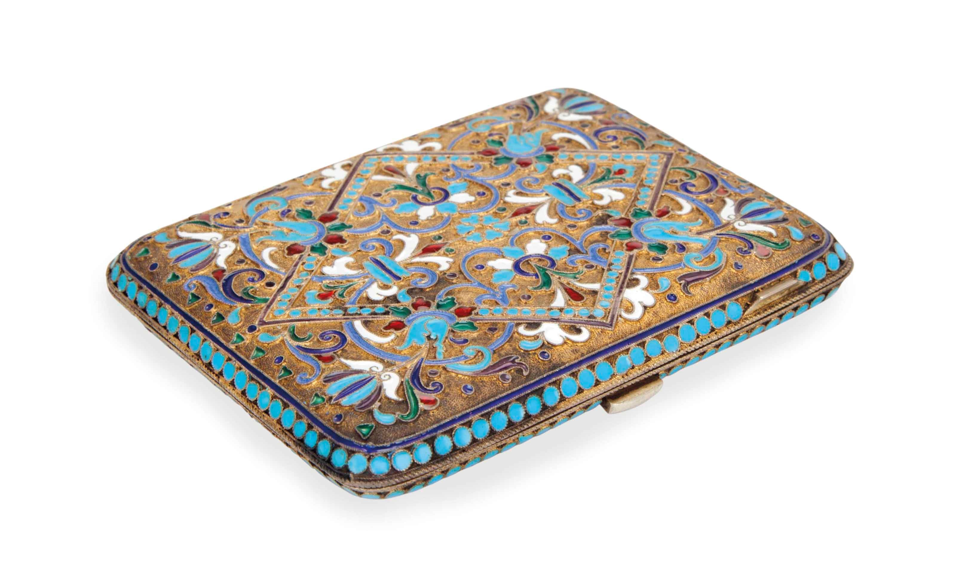 A RUSSIAN SILVER-GILT AND CLOISONNE ENAMEL CIGARETTE CASE,