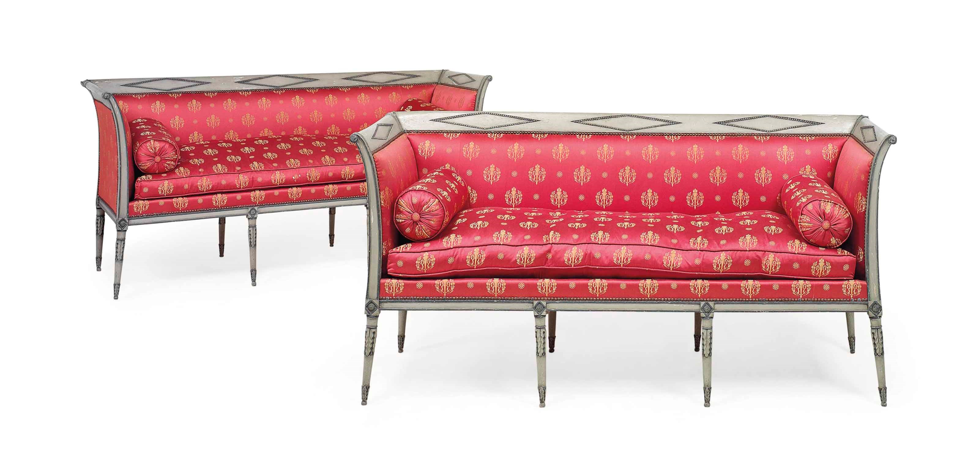A PAIR OF DIRECTOIRE GREY AND GREEN-PAINTED SOFAS