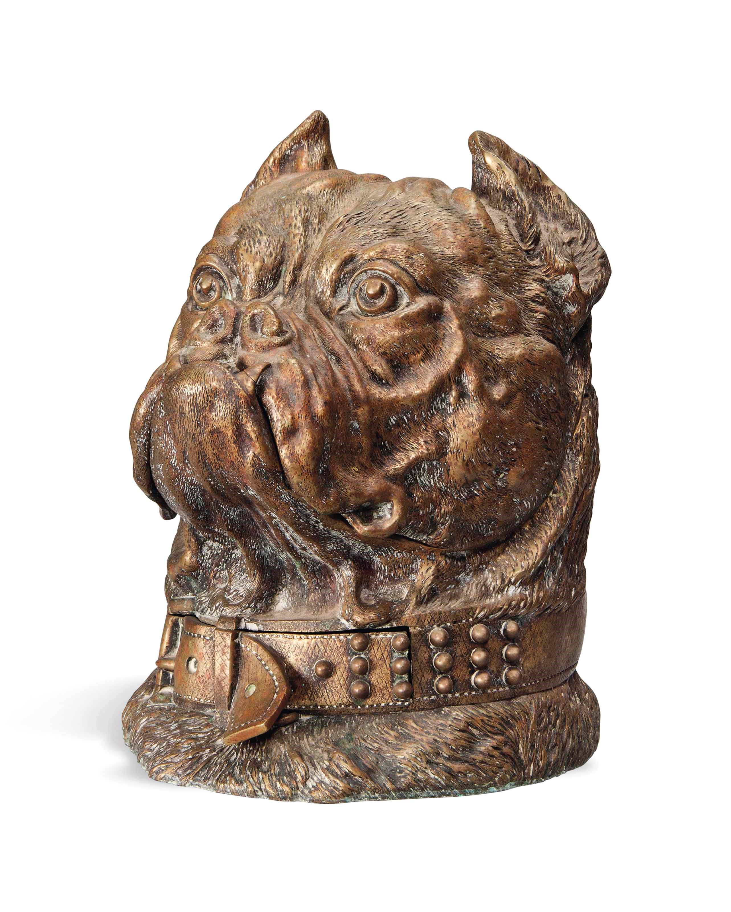 A LARGE AUSTRIAN BULL-DOG'S HEAD TOBACCO JAR