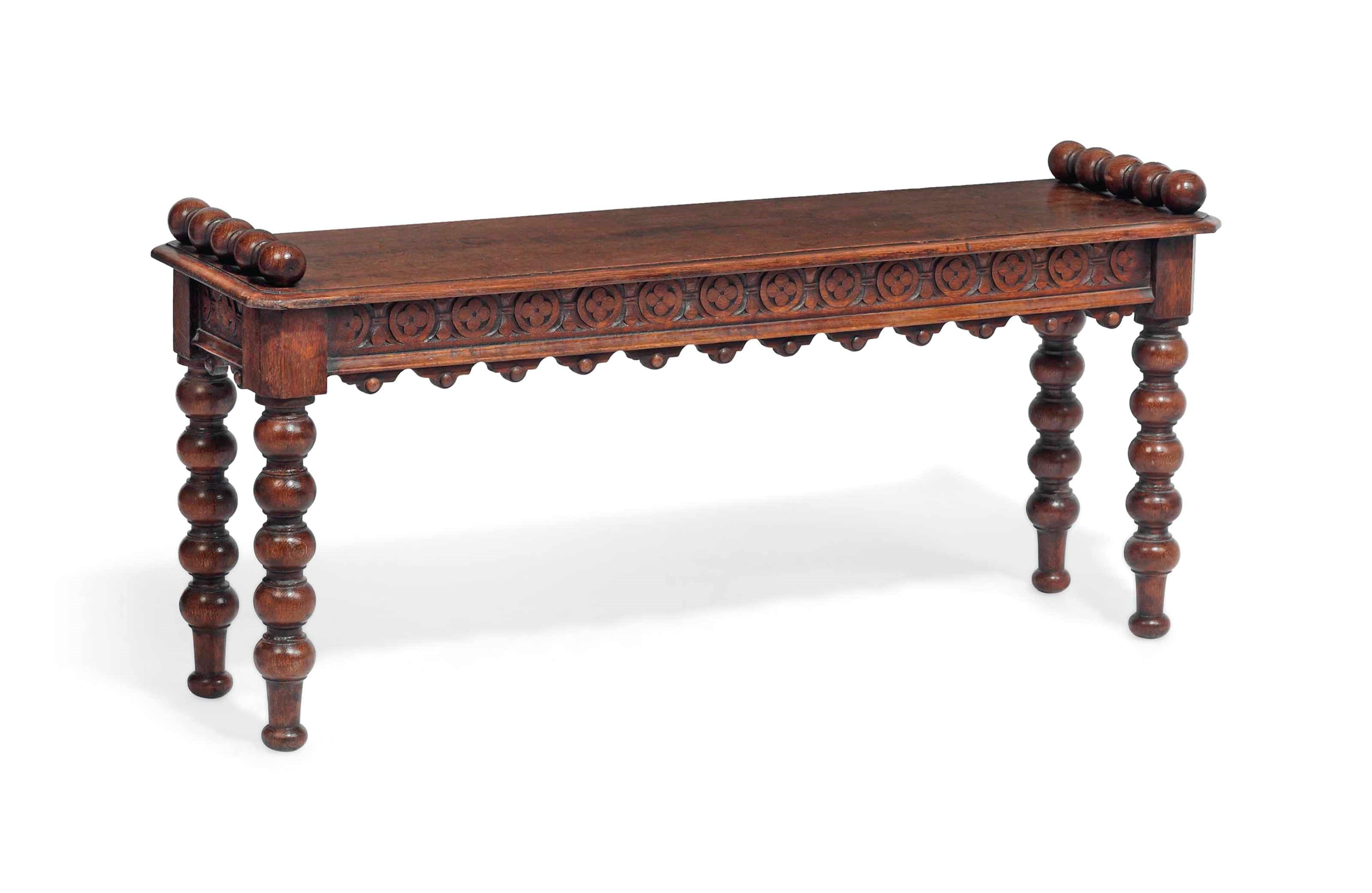 A VICTORIAN OAK HALL BENCH