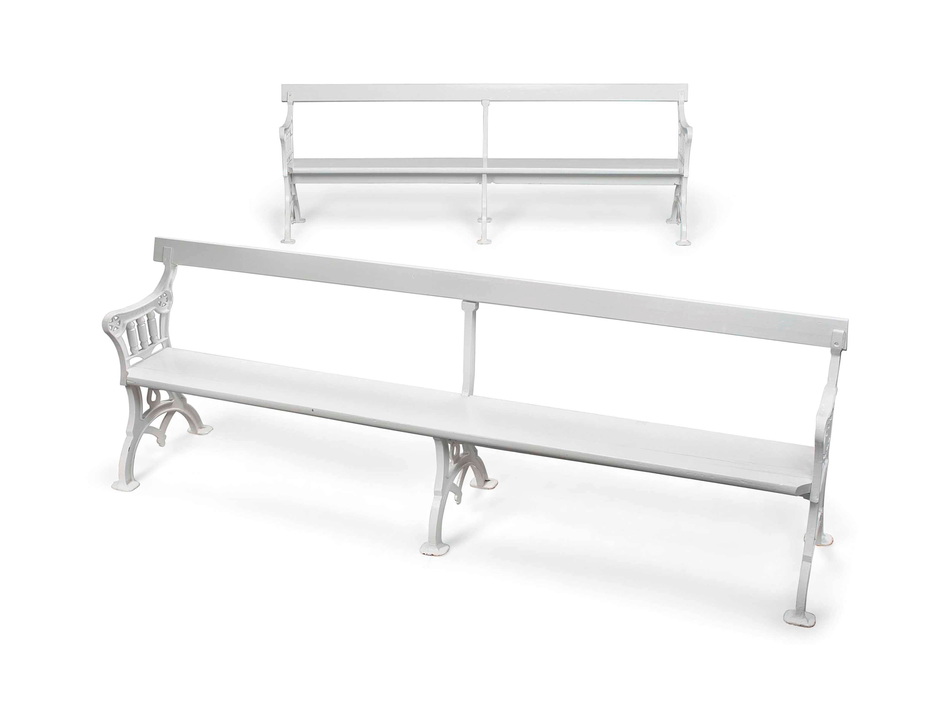 A PAIR OF VICTORIAN OR EDWARDIAN IRON GARDEN SEATS
