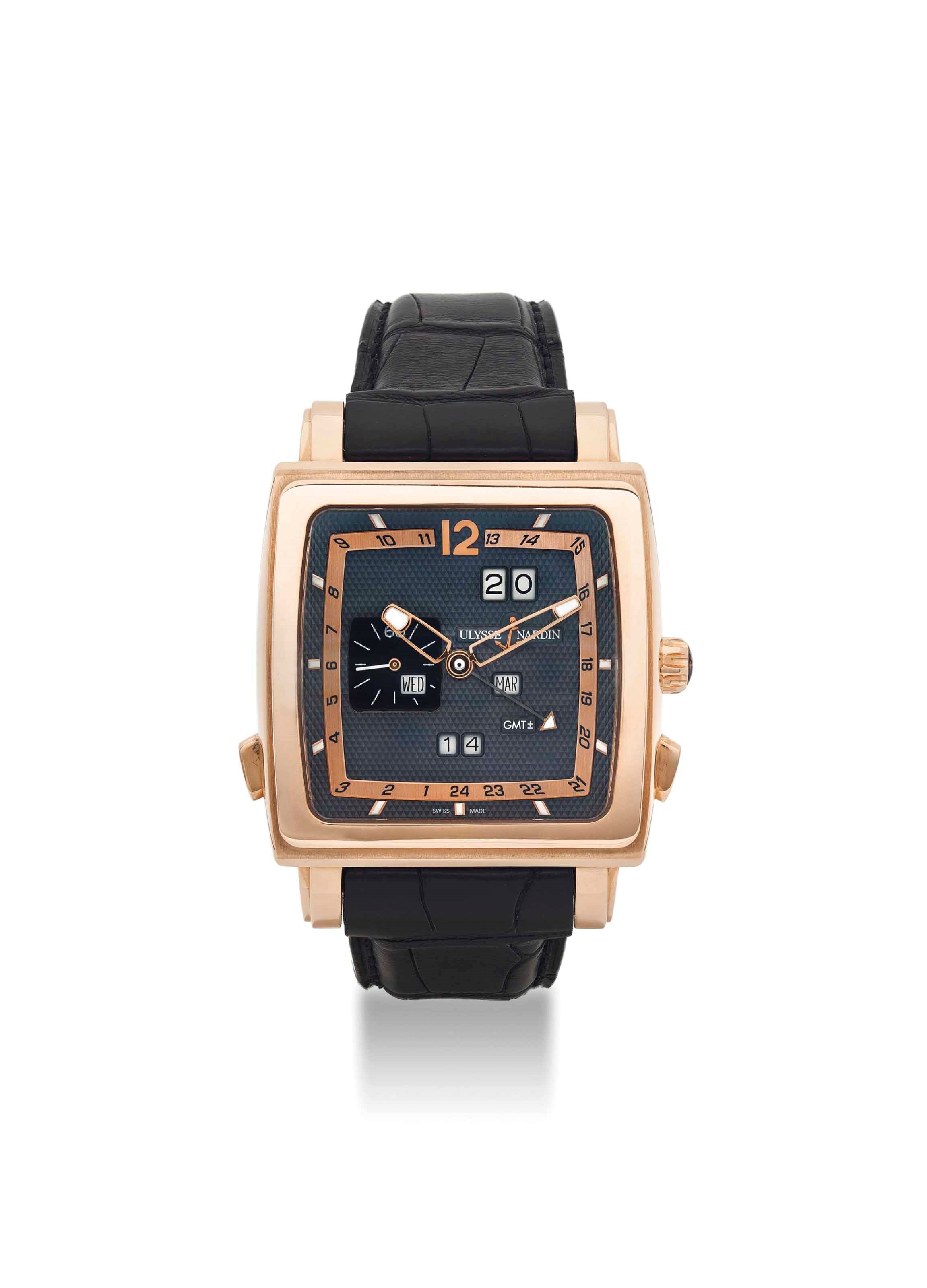 ULYSSE NARDIN. A FINE 18K PINK GOLD AUTOMATIC PERPETUAL CALENDAR DUAL TIME WRISTWATCH