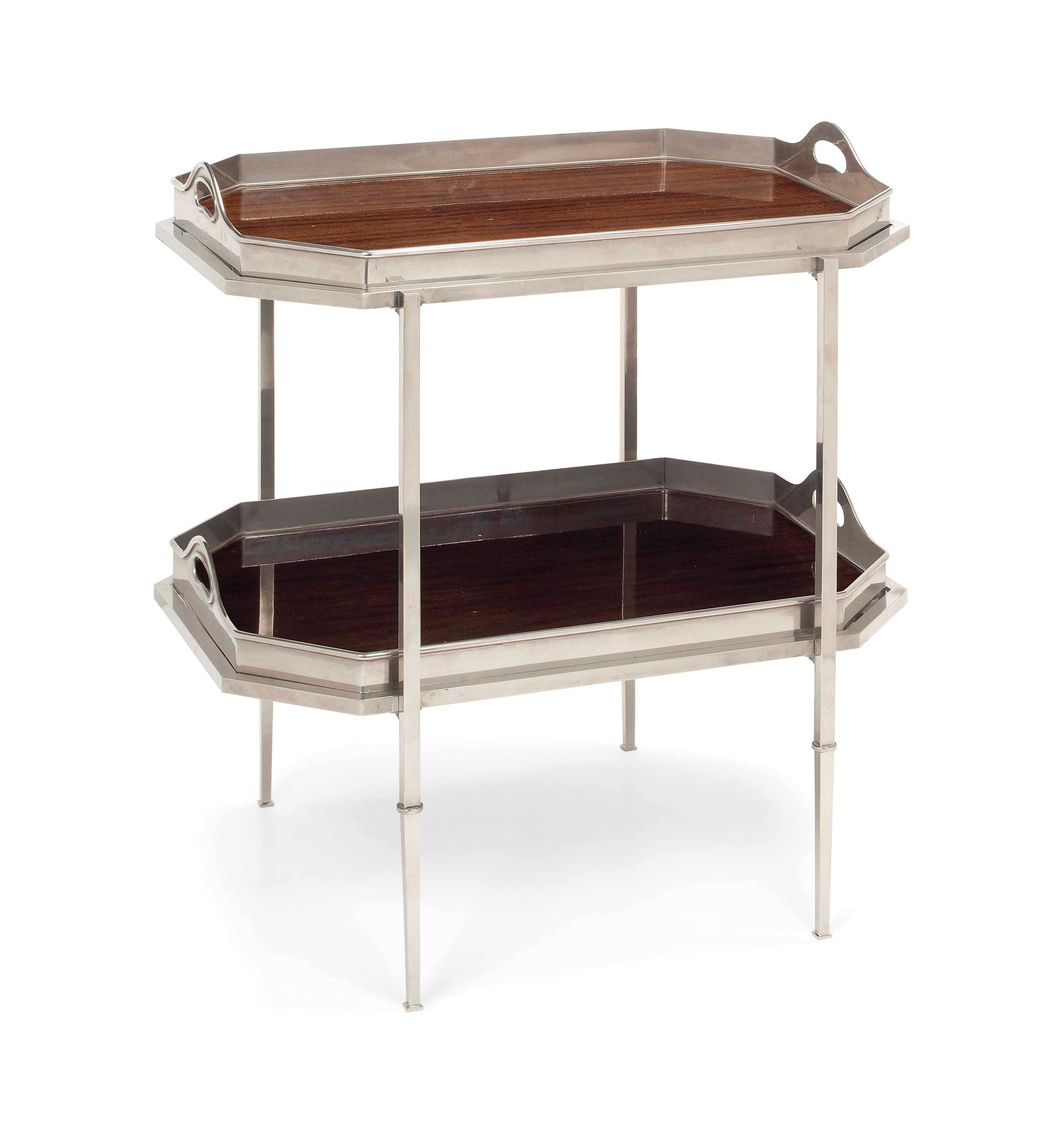 A NICKEL-PLATED AND LACQUERED MAHOGANY TWO-TIER OCCASIONAL TABLE
