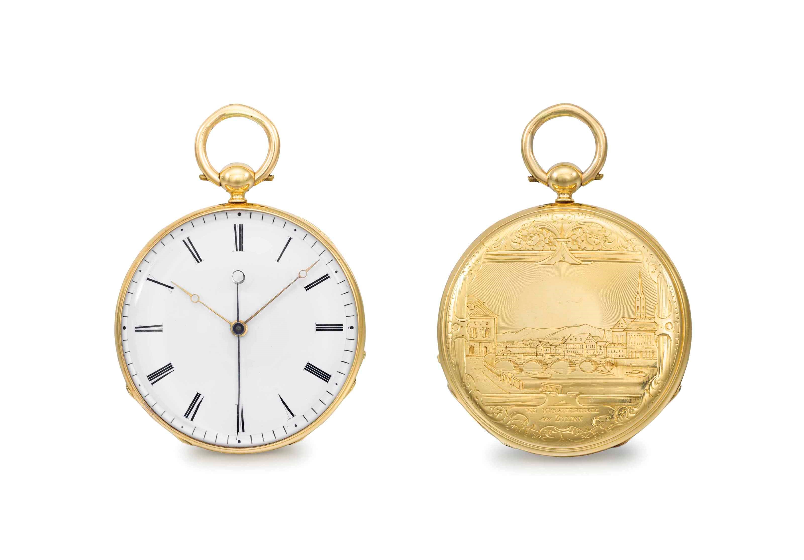 Billeter. An 18K gold openface two train independent dead centre seconds keywound lever watch