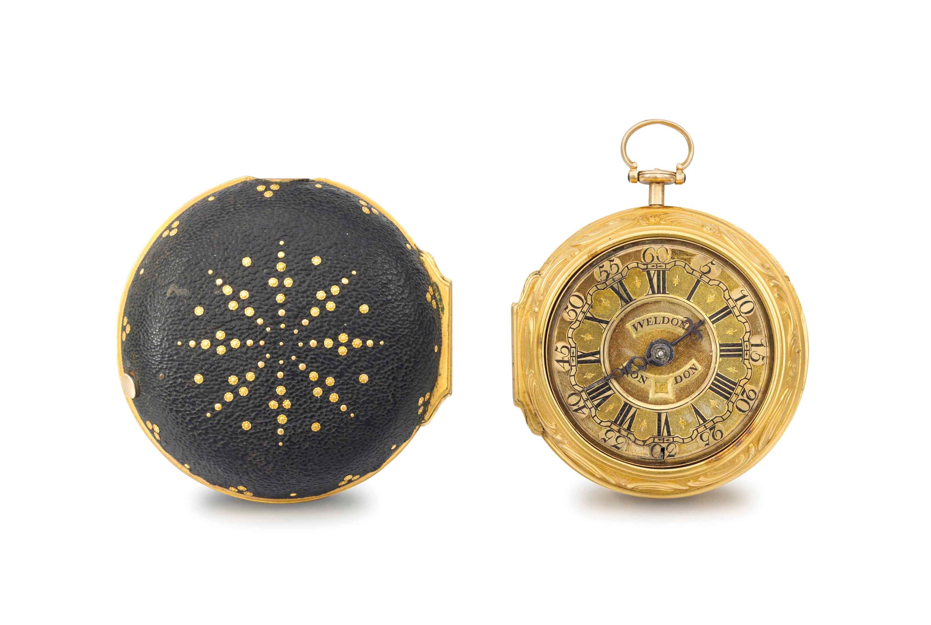 Weldon. A fine 18K gold pair case repousse verge watch with date and outer travelling case