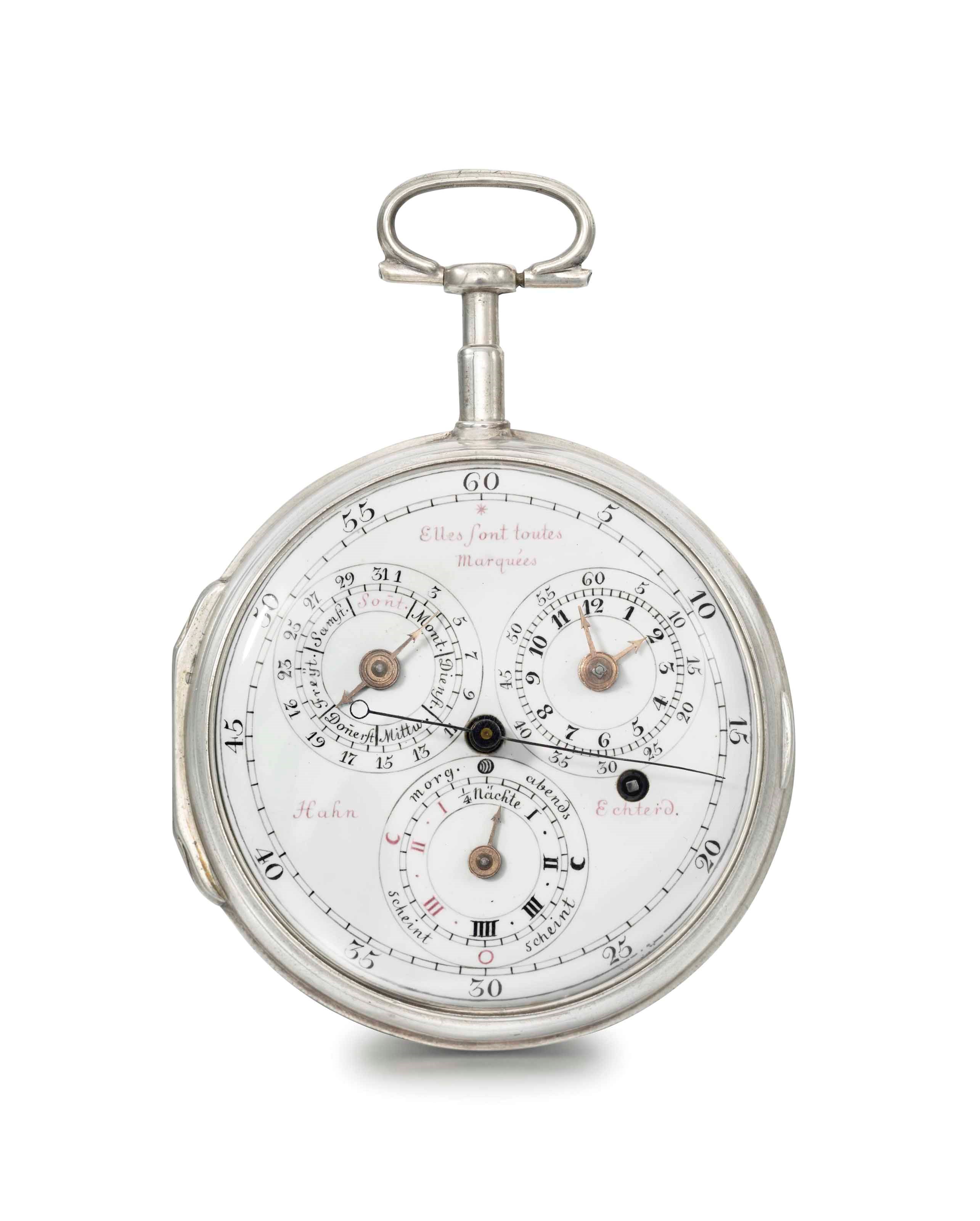 Hahn. An extremely fine, rare and unusual, large silver astronomical cylinder watch with stoppable dead center seconds, exposed mainspring and large half-second beating balance