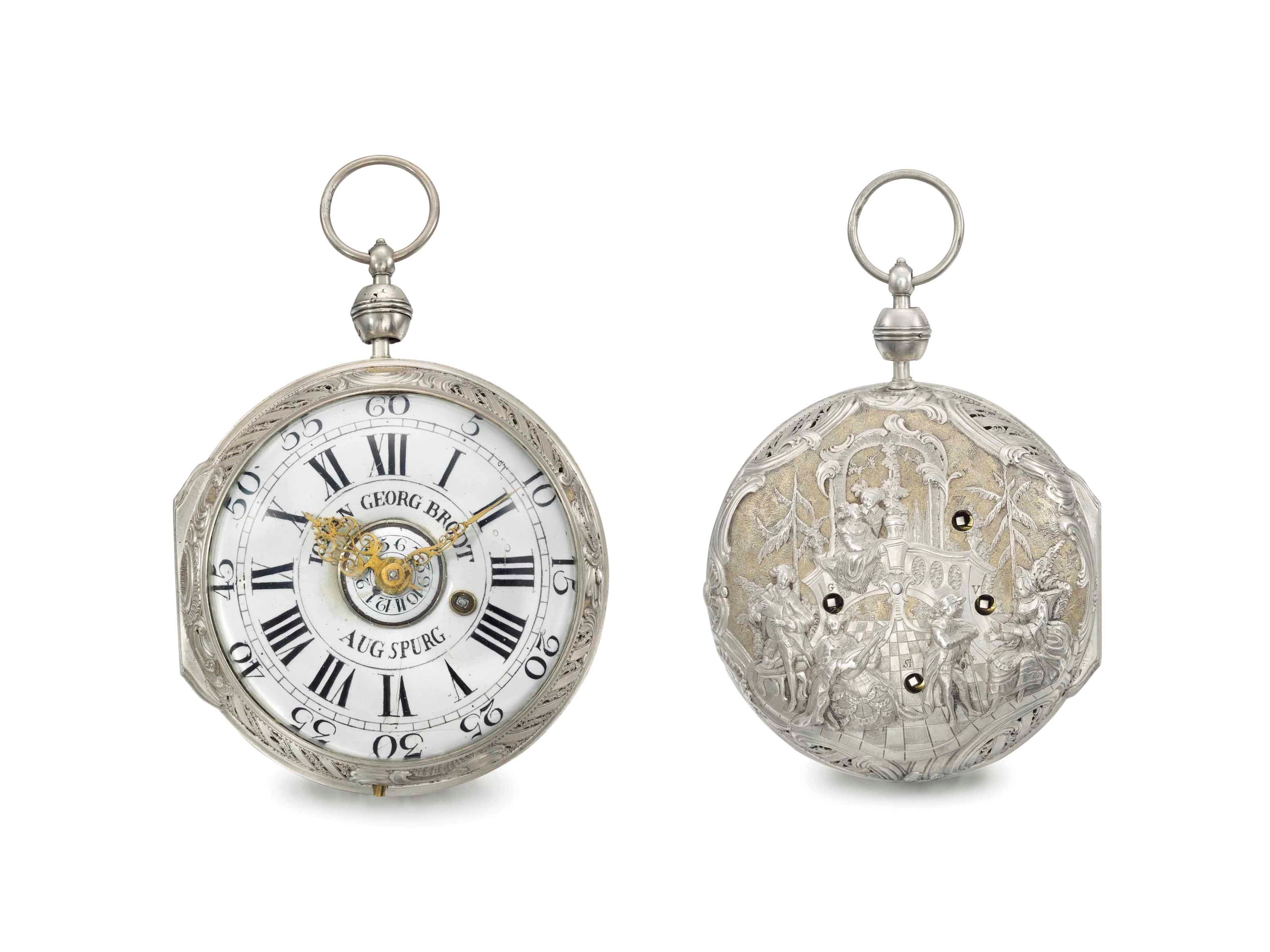 Johann Georg Brodt. A very fine, rare and unusual silver four train quarter repeating and petite sonnerie striking coach watch with alarm, repoussé case and outer silver and shagreen travelling case