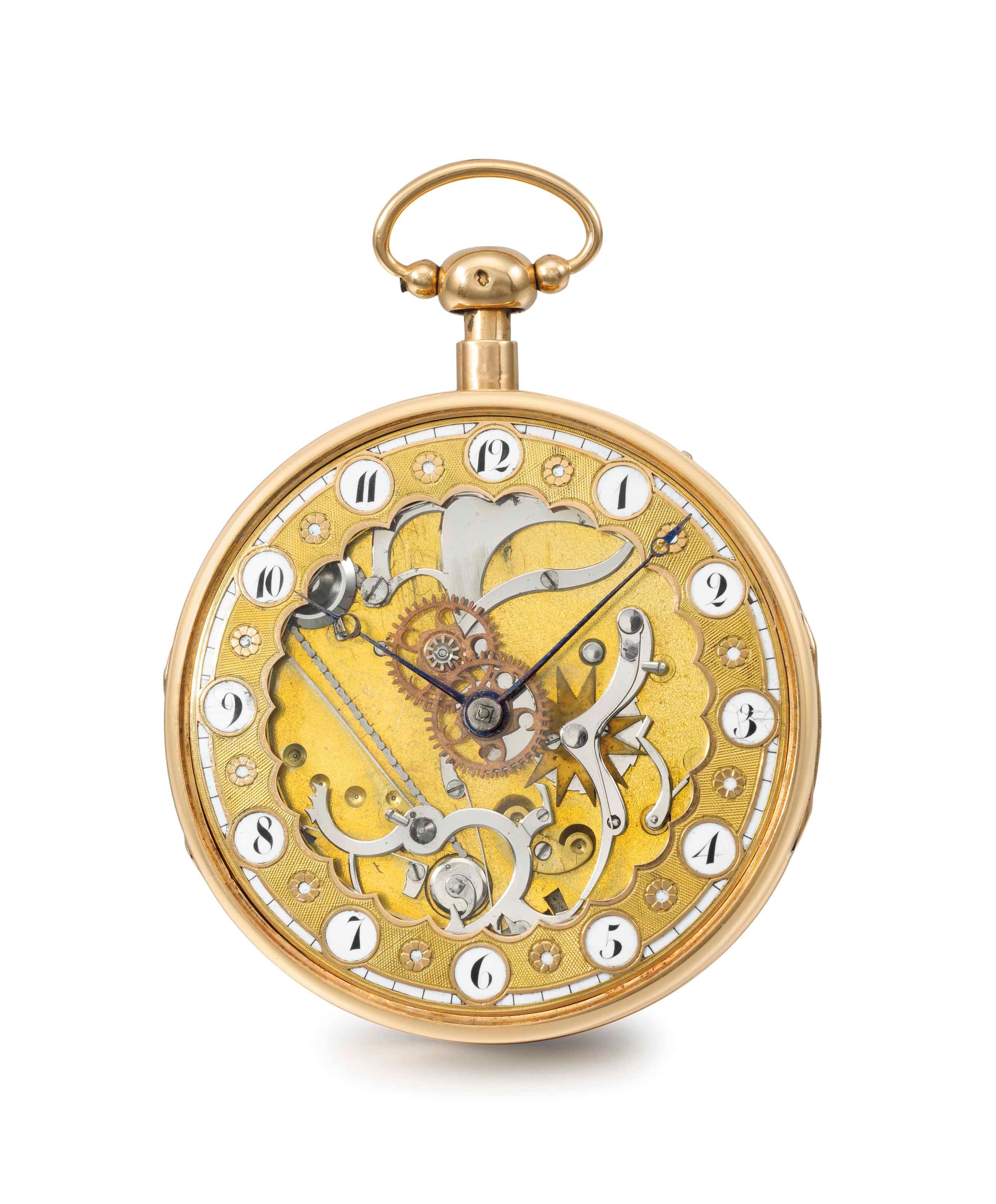 Gosset. An unusual 18K pink gold openface skeletonized quarter repeating watch