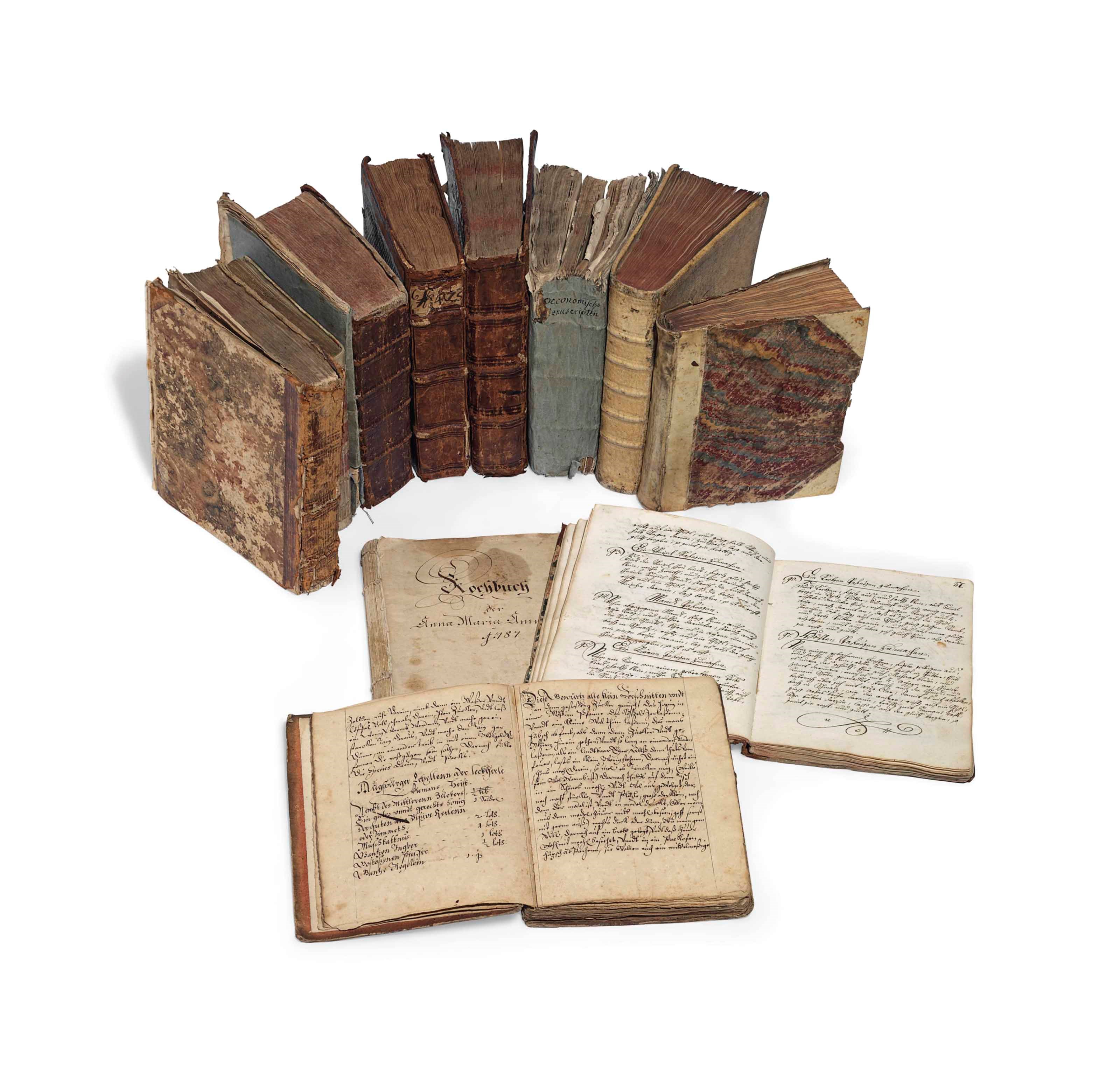 COOK BOOKS. Collection of 12 manuscript recipe books, 17th-19th Century, in German, 4to, variously bound (the bindings often worn), comprising: ‘Wie man Biskoten, marcepan, [etc] bereitten soll’, with extensive additions, 17th-18th C, ownership inscriptions of Maria Rosalie, gräfin von Götzen and Maria Elißabeth Freÿle von Götz; ‘Koch-Buch’ comprising 481 recipes, a neat copy, 18th C, 379 pages, 4to, index,  ownership inscription of Theresia Waldburger; ‘Confect-Buch’, in three parts, a neat copy, 18th C, with a latter addition; ‘Ein Soer Nutzliches Und Bewehrtes Koch-Buch’, early 18th C, neat copy, 202 pages, 4to, ownership inscription dated Abensperg, 1734; ‘Kochbuch Vor mich Maria Magdalena Louisa ?Gromin’, 1758, 164 pages, with later additions; ‘Koch Buch der Maria Elisabetha Gieglin gehörig’, 1766, two series of 83 and 35 recipes, in at least three 18th-century hands, blanks; ‘Koch Buch der Tugendreichen Jungfrau Maria Anna ?Geizrucklin ... gehörig’, 1780, neat copies of 230 recipes, with a later addition; ‘Kochbuch der Anna Maria Ammerin’, 1787, neat copies, 158 pages, index; a recipe book, [mid-18th C], expanded with a further 240 recipes transcribed in August 1788 from another cook book; cook book in 8 chapters, ‘von Pastetten zukuchen’, ‘von Dorten zu Pachen’, ‘von Paches’, etc, 18th C, a neat transcript with additions in an informal hand, with a further group of 106 numbered recipes, 1774, a few later additions; ‘Oeconomische Manuscripten’, a sammelband of four 18th-century cookery manuscripts, one with ownership note of Barbara Jassin, with a number of loose inserts, ex-libris of Ladislas Victor of Kiss-Kovalocz; recipe book, in various hands, a few entries dated 1850-1876, approx. 50 pages.