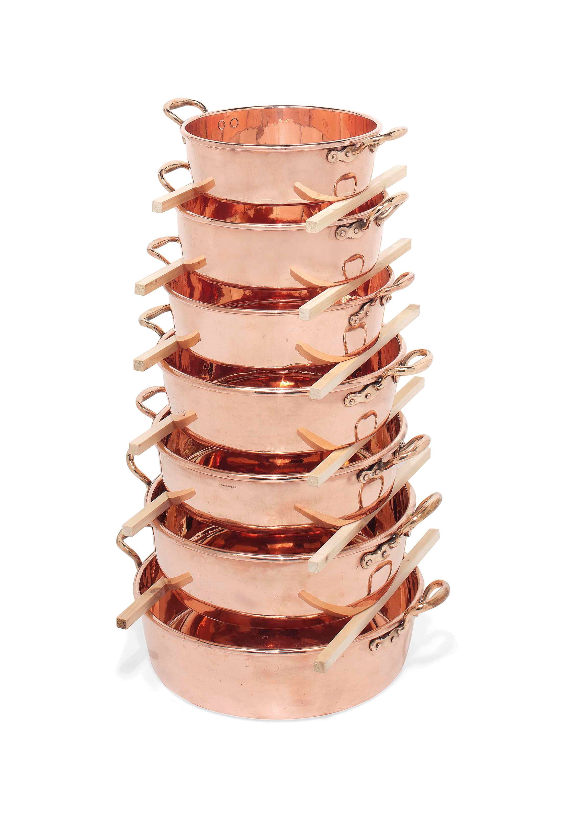 A NEAR SET OF SEVEN VICTORIAN GRADUATED COPPER PRESERVE PANS