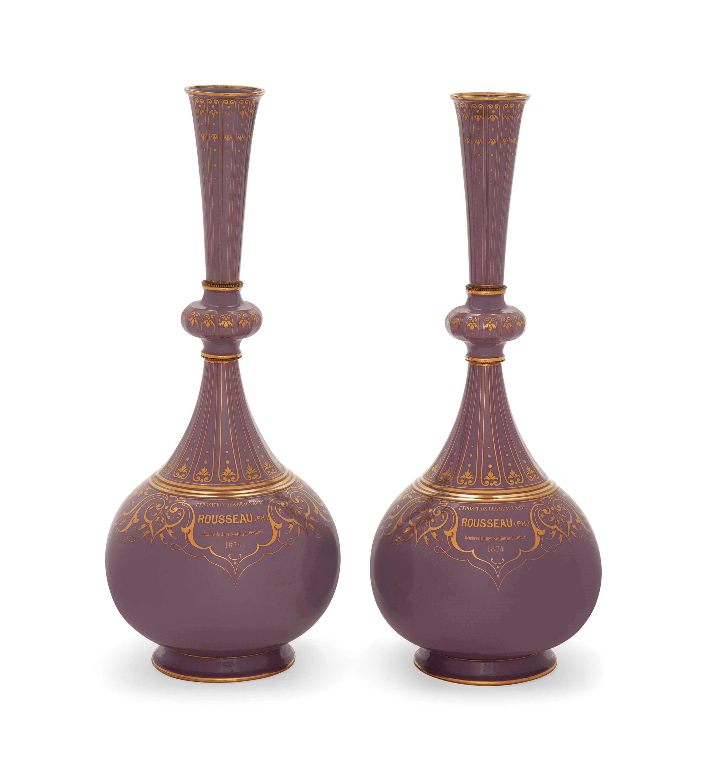 A PAIR OF SEVRES LAVENDER-GREY-GROUND (FOND CHANGEANT) DOCUMENTARY BOTTLE VASES (VASE BOUTEILLE PERSANNE)