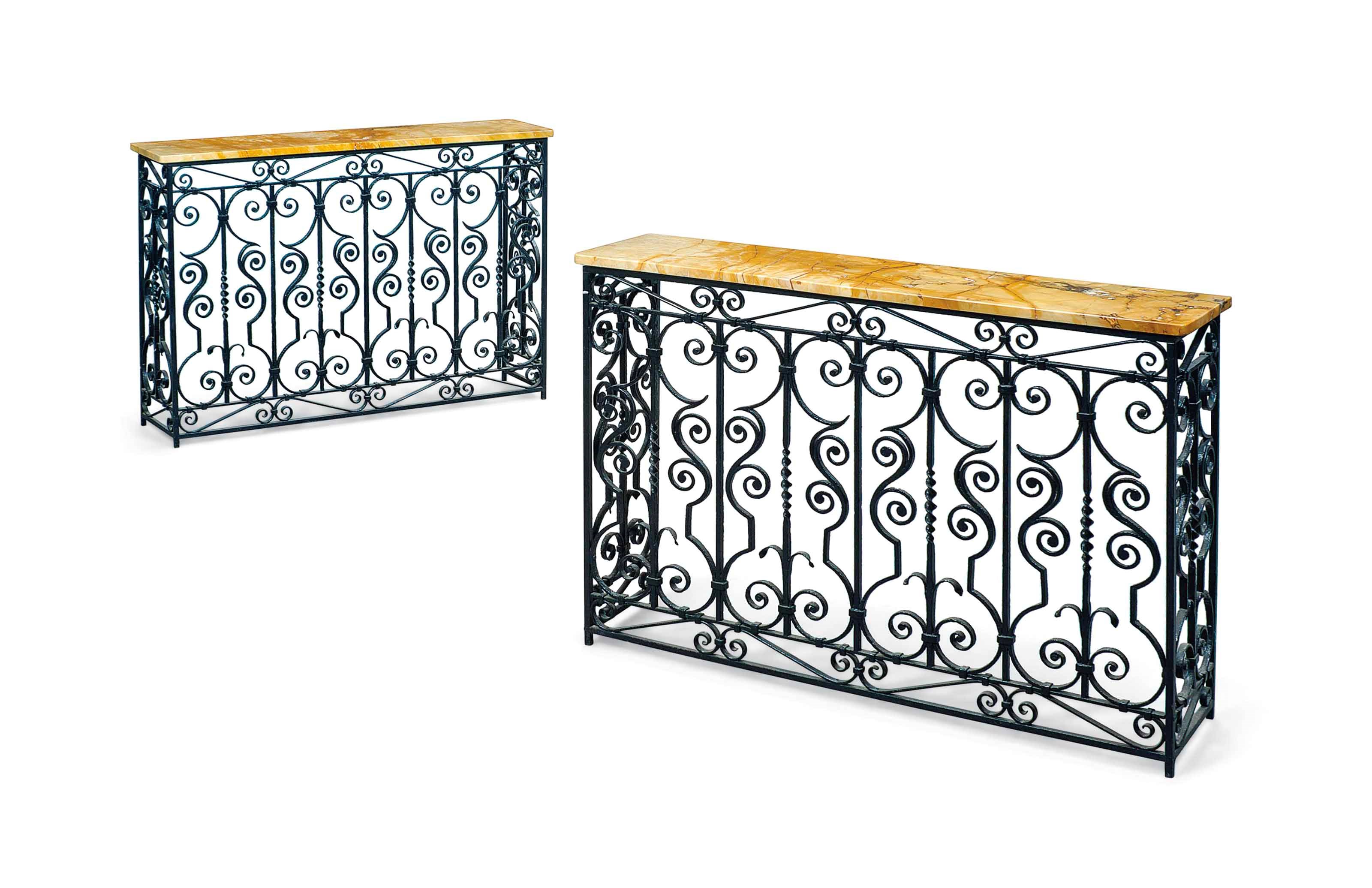 A PAIR OF WROUGHT-IRON CONSOLE TABLES