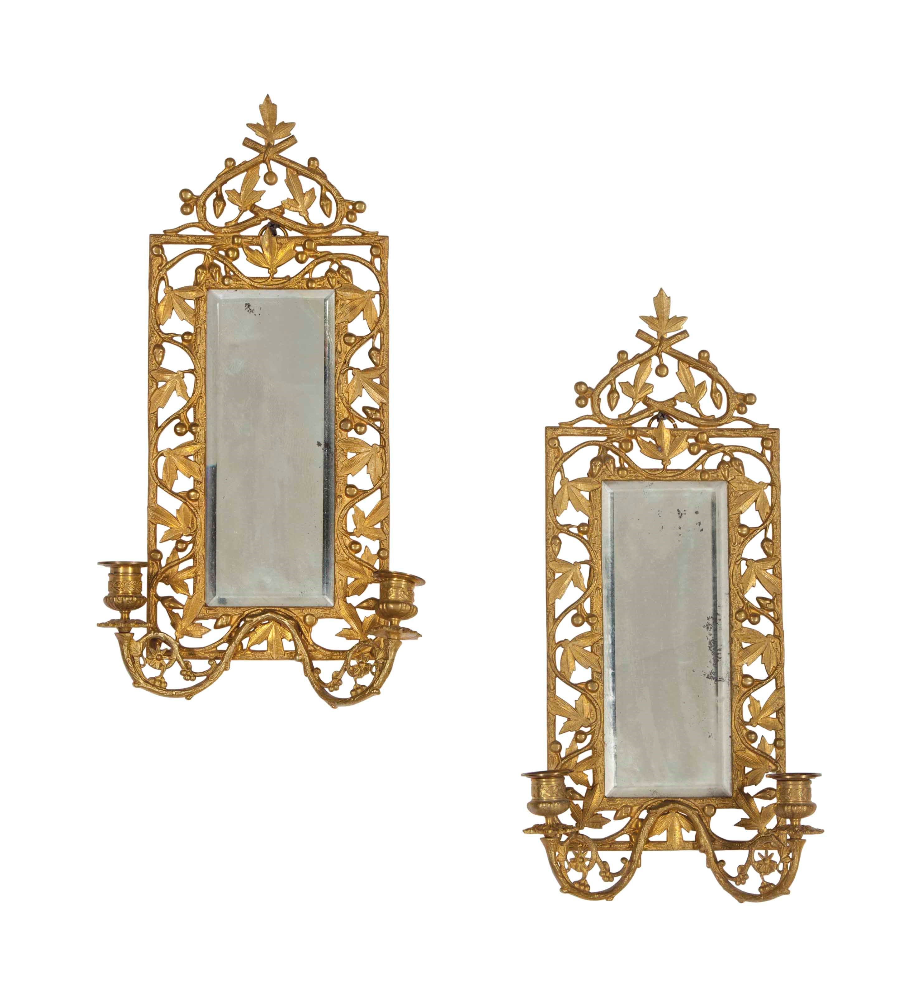 A PAIR OF GILT BRONZE TWO-LIGHT GIRANDOLES,