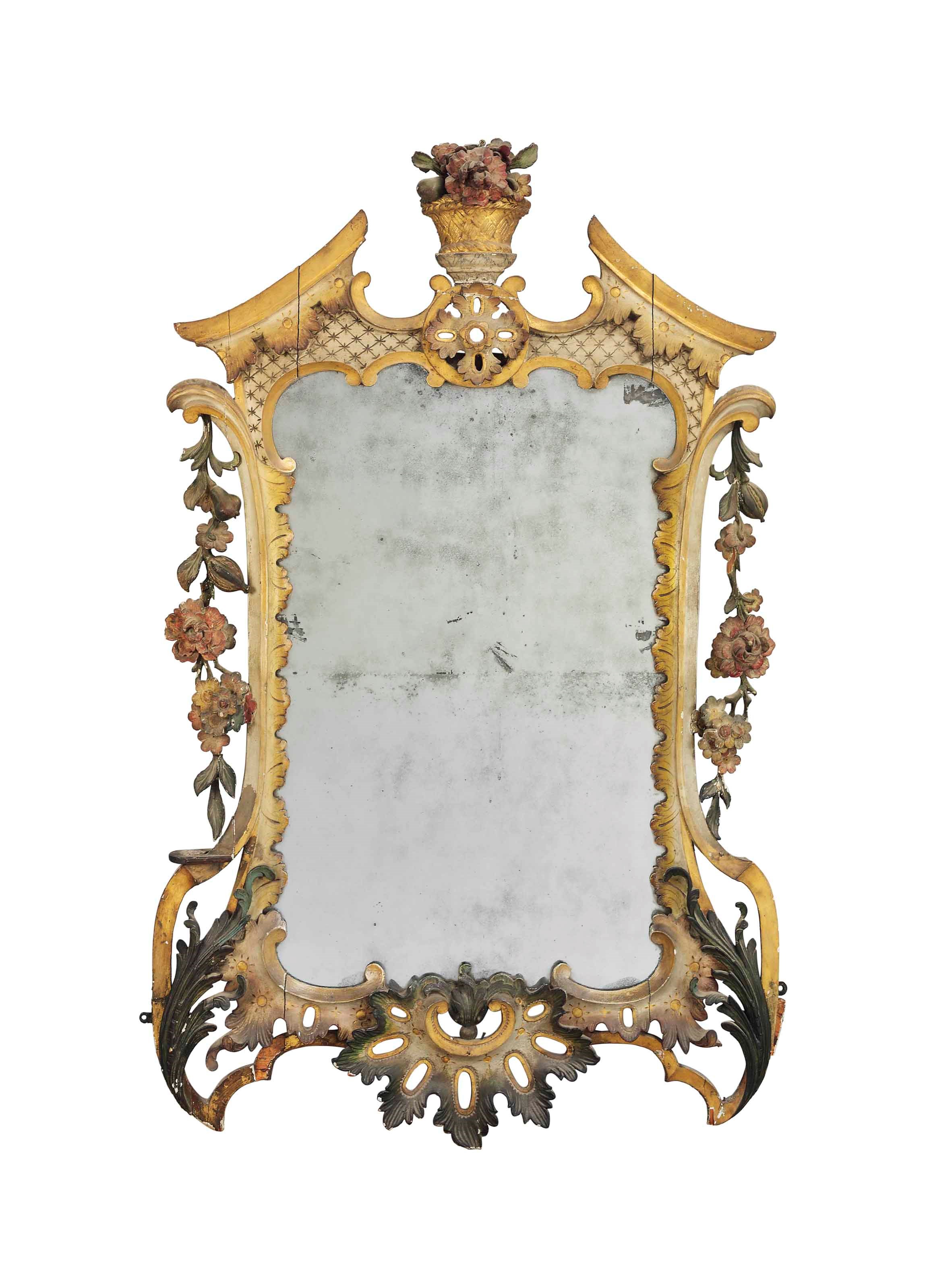 A GEORGE II POLYCHROME-PAINTED AND PARCEL-GILT PIER MIRROR