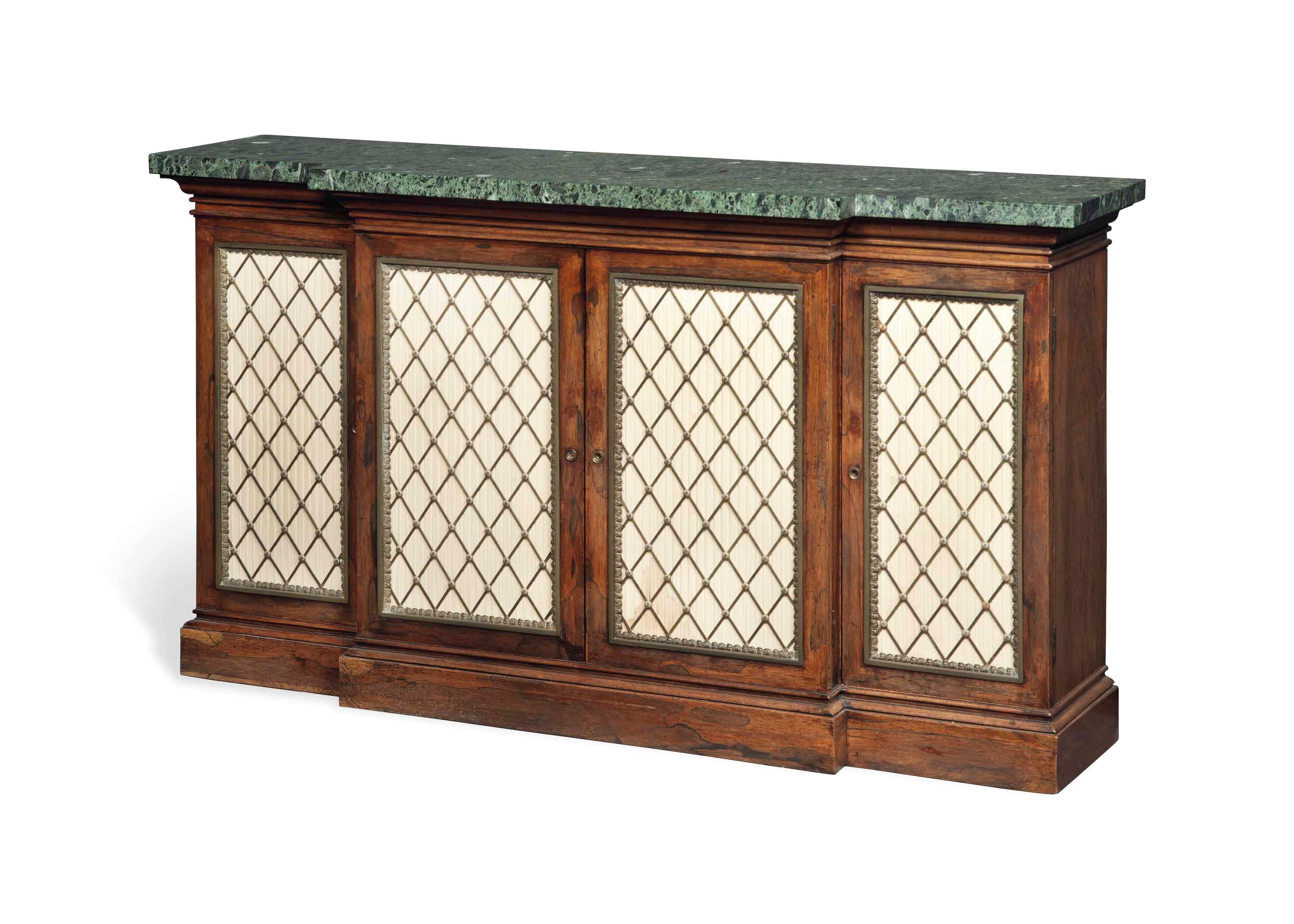 A GEORGE IV BRASS-MOUNTED ROSEWOOD BREAKFRONT SIDE CABINET