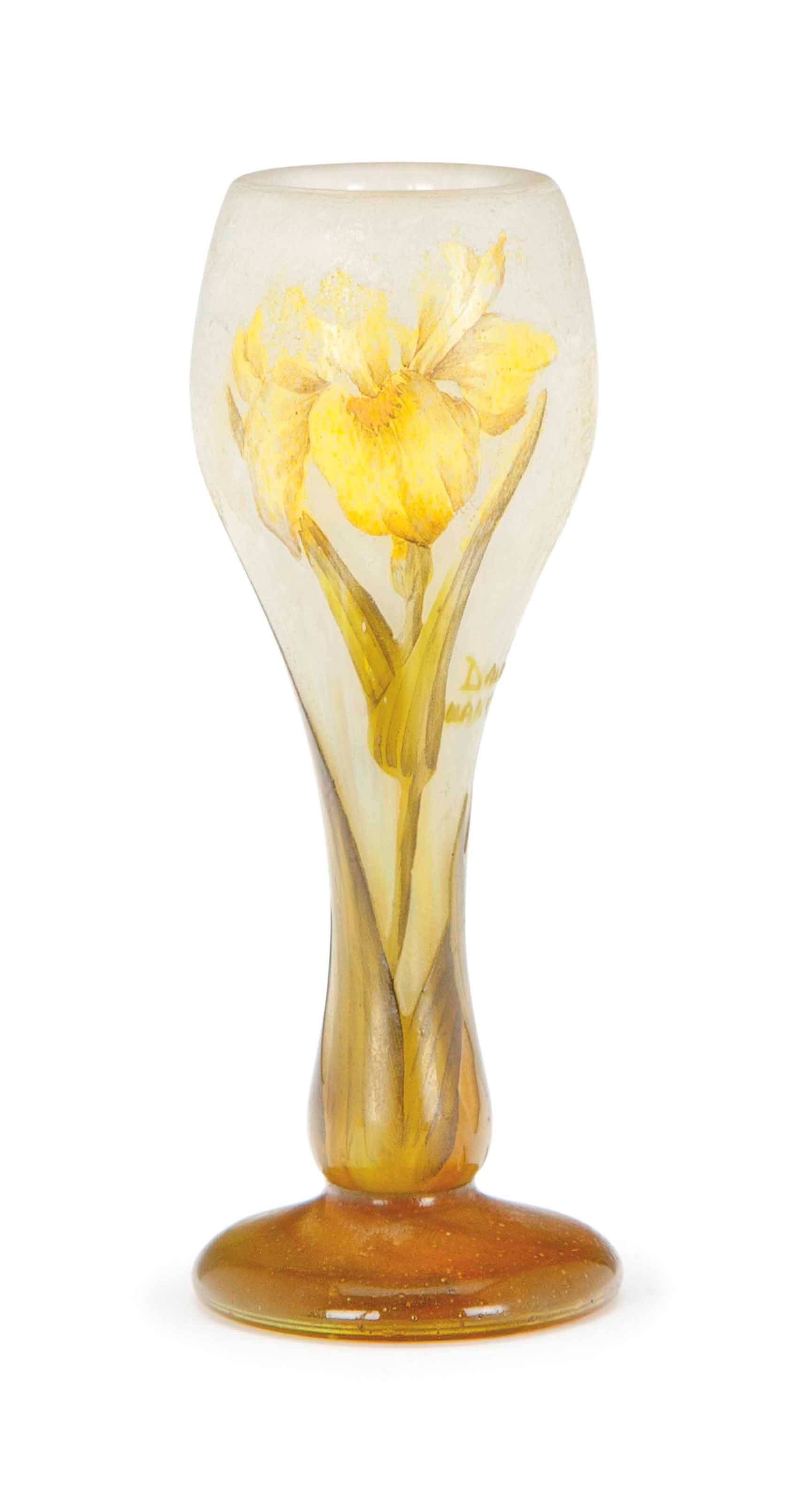 A FRENCH ETCHED AND ENAMELED GLASS CABINET VASE,