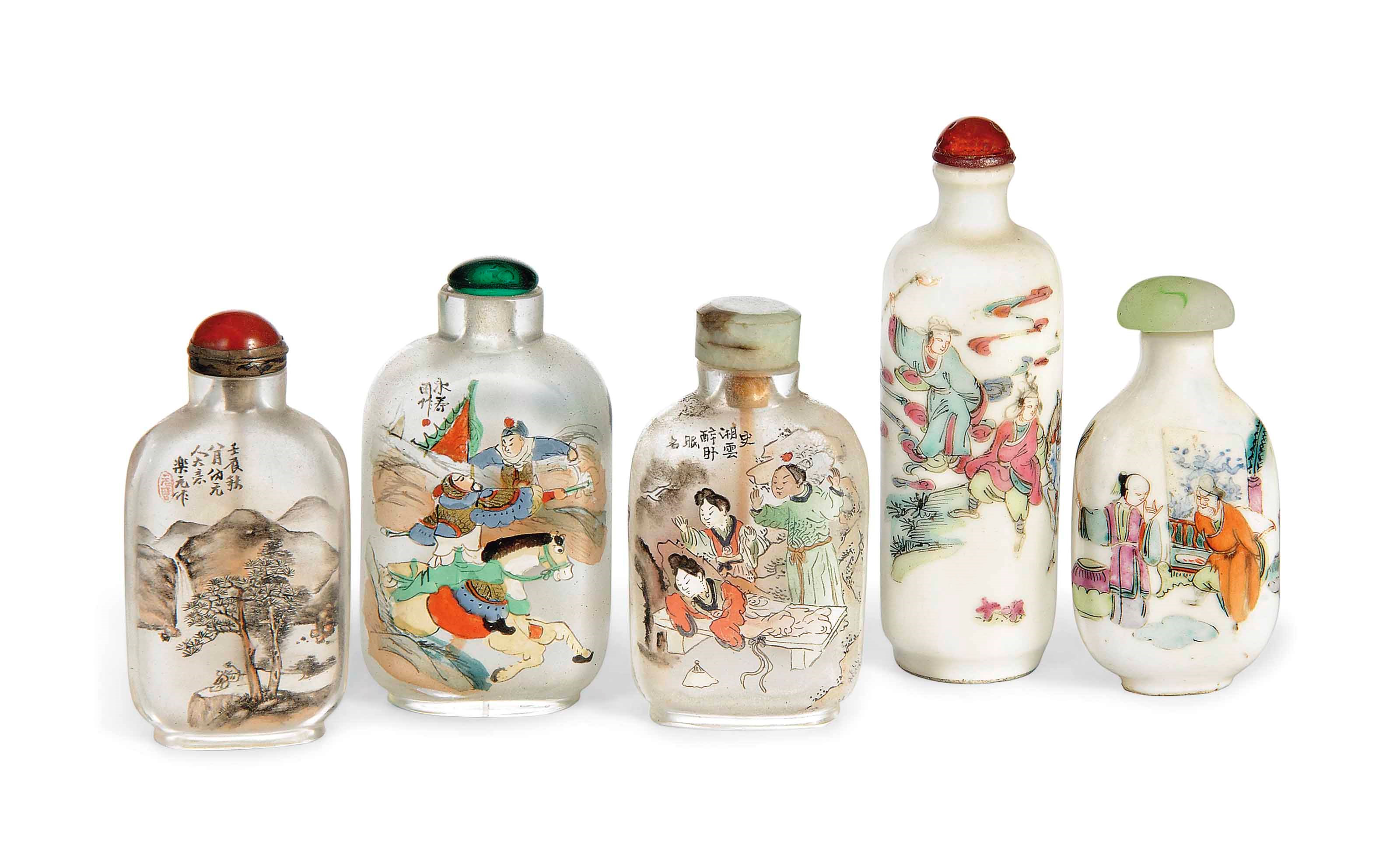 THREE CHINESE GLASS INSIDE-PAINTED AND TWO PORCELAIN SNUFF BOTTLES