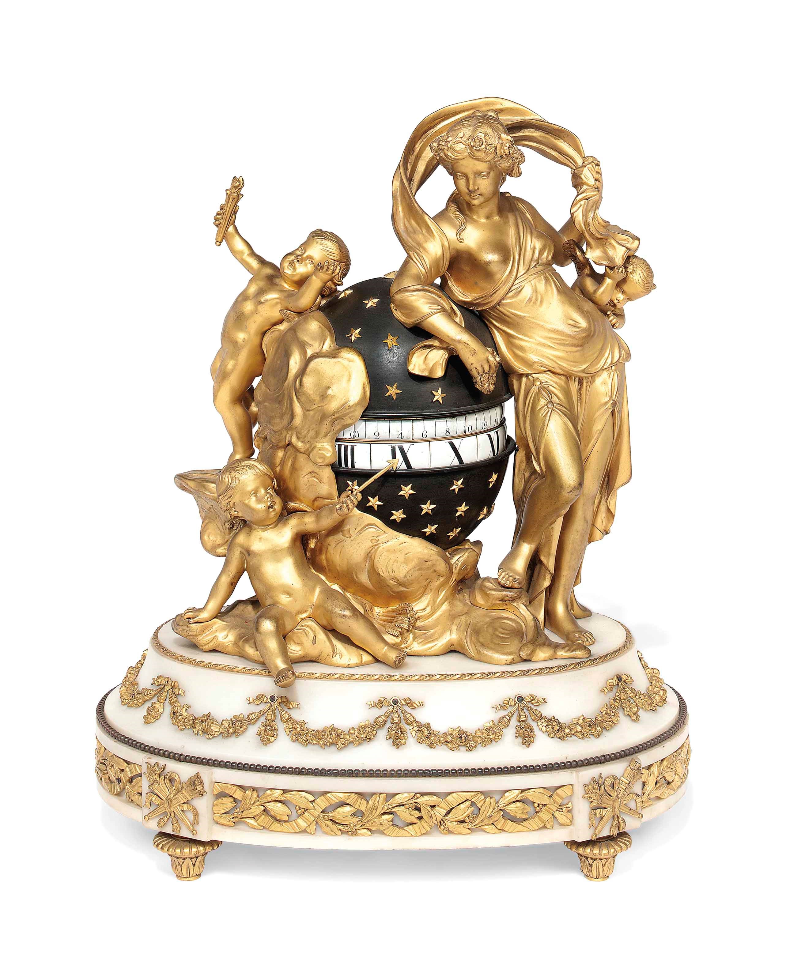 A FRENCH ORMOLU, PATINATED-BRONZE AND WHITE MARBLE MANTEL CLOCK