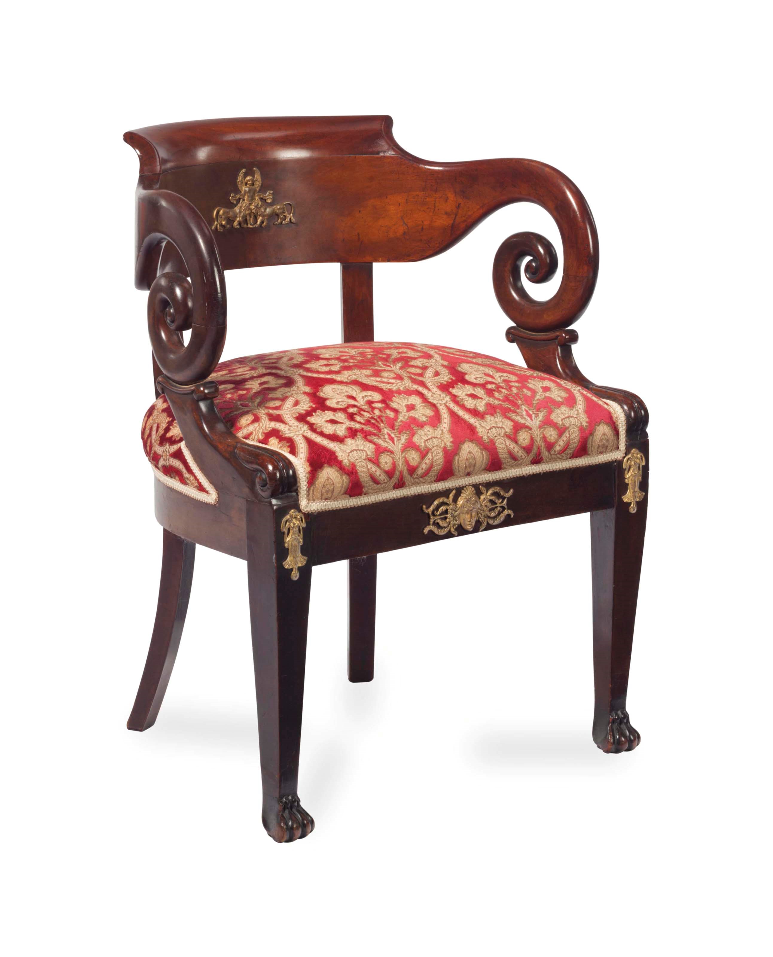 A FRENCH GILT BRONZE-MOUNTED MAHOGANY FAUTEUIL,