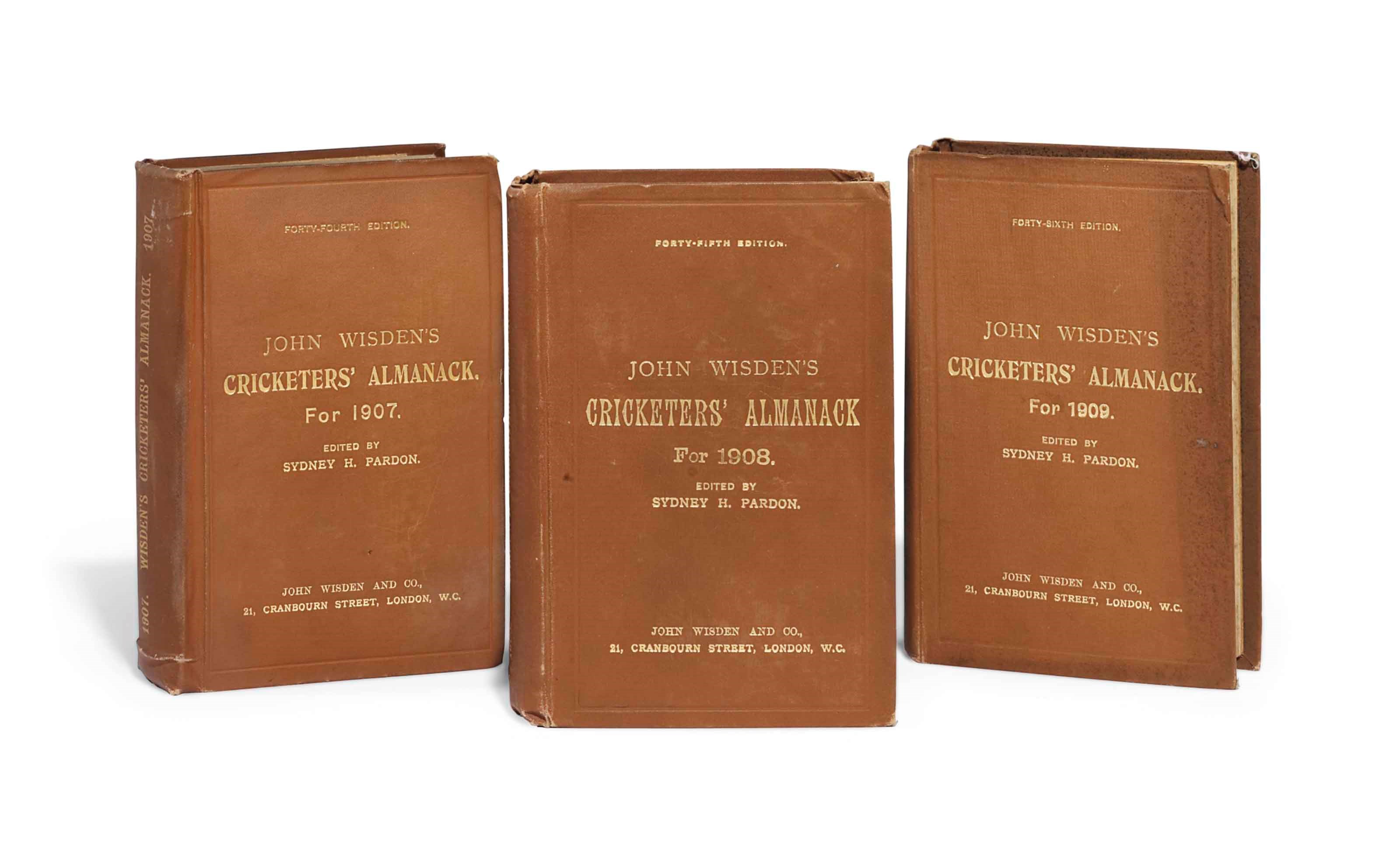 WISDEN, John. Cricketers’ Almanack for 1907-[1910], edited by Sydney H. Pardon. London: John Wisden and Co., 1907-1910, 4 volumes, 8° (161 x 100mm). Plate in 1907, 1909-10. (1908 lacking plate, plate in 1910 lightly creased and a little damaged at inner margin.) Original publisher’s hardback cloth gilt, original printed yellow wrappers used as endpapers (light rubbing, crease in spine of 1907, 1908 with corners bumped, 1909 with slightly soiled front cover and small white stain on spine, 1910 with slight discolouration to base of spine and minor stains, bookplate on front pastedowns).

ALL HARDBACK EDITIONS. In the 1906 season, Tom Hayward scores 3518, a record that stands for 41 years. In 1907 A.E. Trott takes four wickets in four balls for Middlesex v Somerset in his benefit match at Lord’s, followed by a hat-trick later in the innings. W.G. Grace plays his final first-class match in 1908. In 1909 C. Blythe takes 215 wickets in the season, Wilfred Rhodes scores 2094 runs and takes 141 wickets, while the visiting Australians under Monty Noble retain the Ashes.
