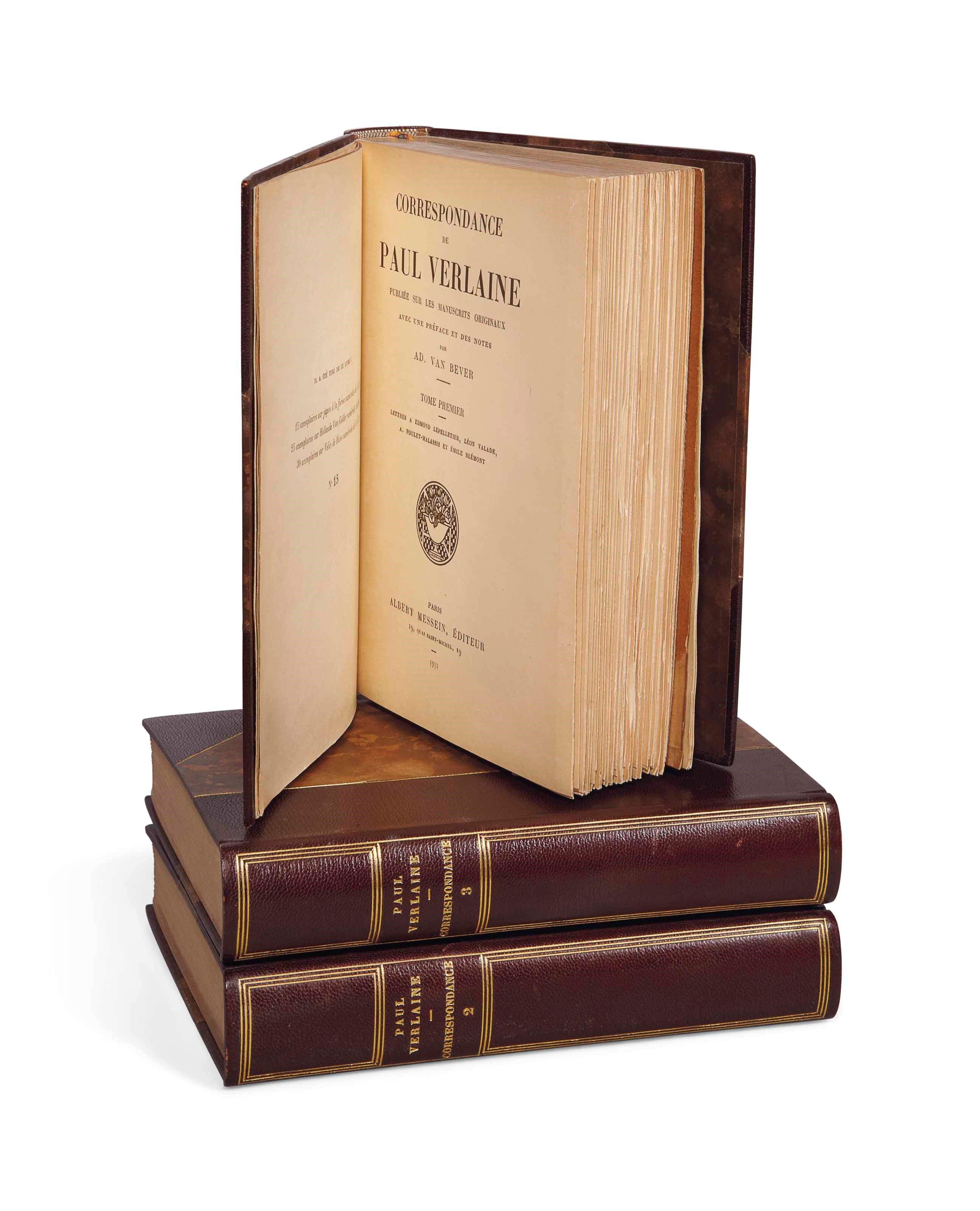 Paul VERLAINE. Correspondance de Paul Verlaine. Paris: Albert Messein, 30 mai 1922; 19 mai 1923; 13 mai 1929. 3 forts volumes in-12 carré (187 x 131 mm). Demi-maroquin brun à coins signé Semet & Plumelle, dos lisses ornés, têtes dorées, couvertures et dos.