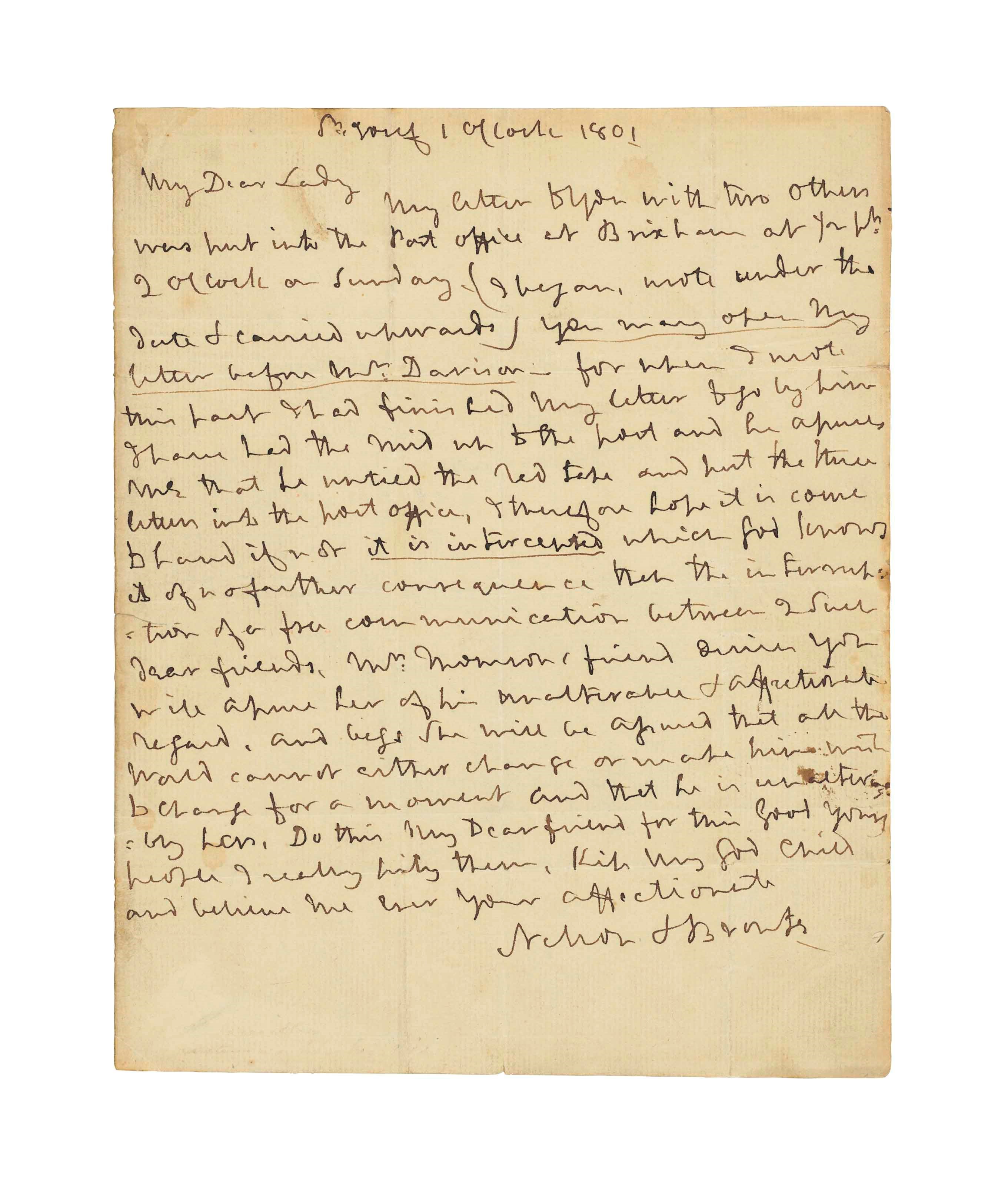 NELSON, Horatio, Viscount (1758-1805). Autograph letter signed ('Nelson & Bronte') to EMMA, LADY HAMILTON ('My Dear Lady'), San Josef, Brixham, [dated on the address panel 12 February 1801].