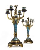 A FRENCH 'JAPONISME' CLOISONNÉ ENAMEL, GILT AND POLYCHROME-PATINATED BRONZE THREE-PIECE GARNITURE DE CHEMINÉE