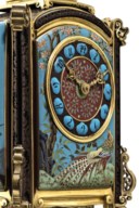 A FRENCH 'JAPONISME' CLOISONNÉ ENAMEL, GILT AND POLYCHROME-PATINATED BRONZE THREE-PIECE GARNITURE DE CHEMINÉE