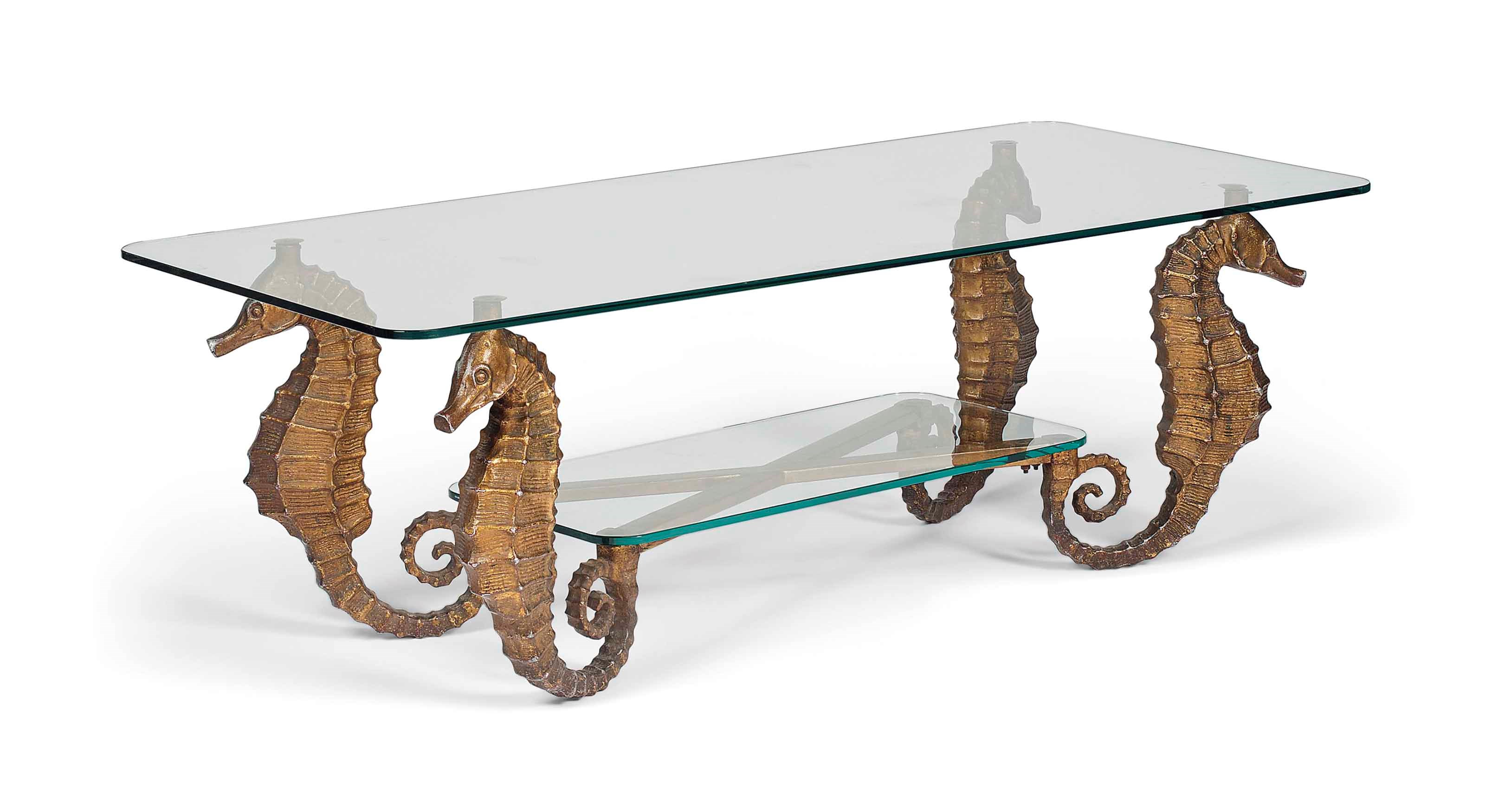 A GILT-METAL AND GLASS LOW TABLE
