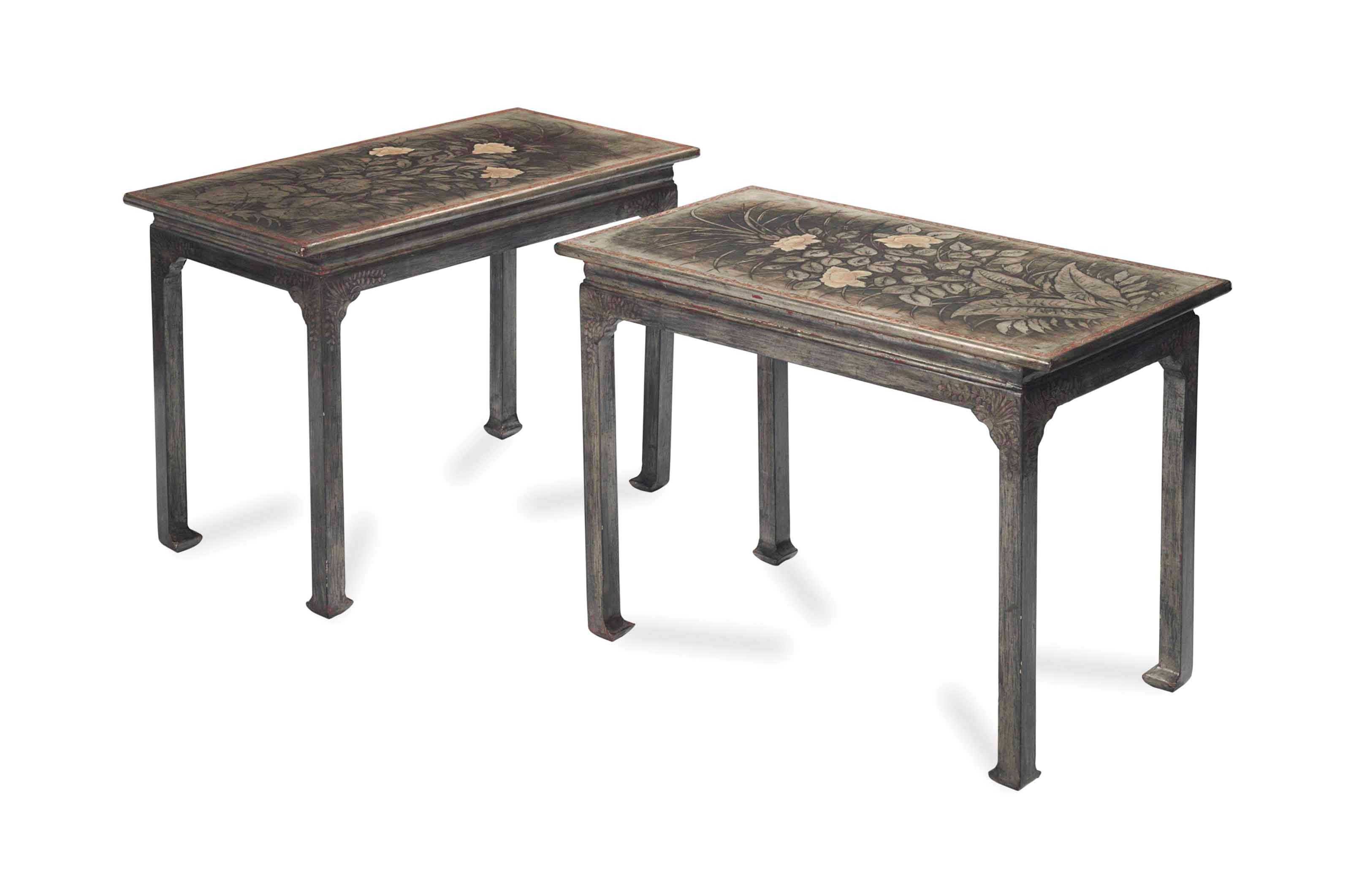 A PAIR OF SILVERED AND PAINTED LOW TABLES,