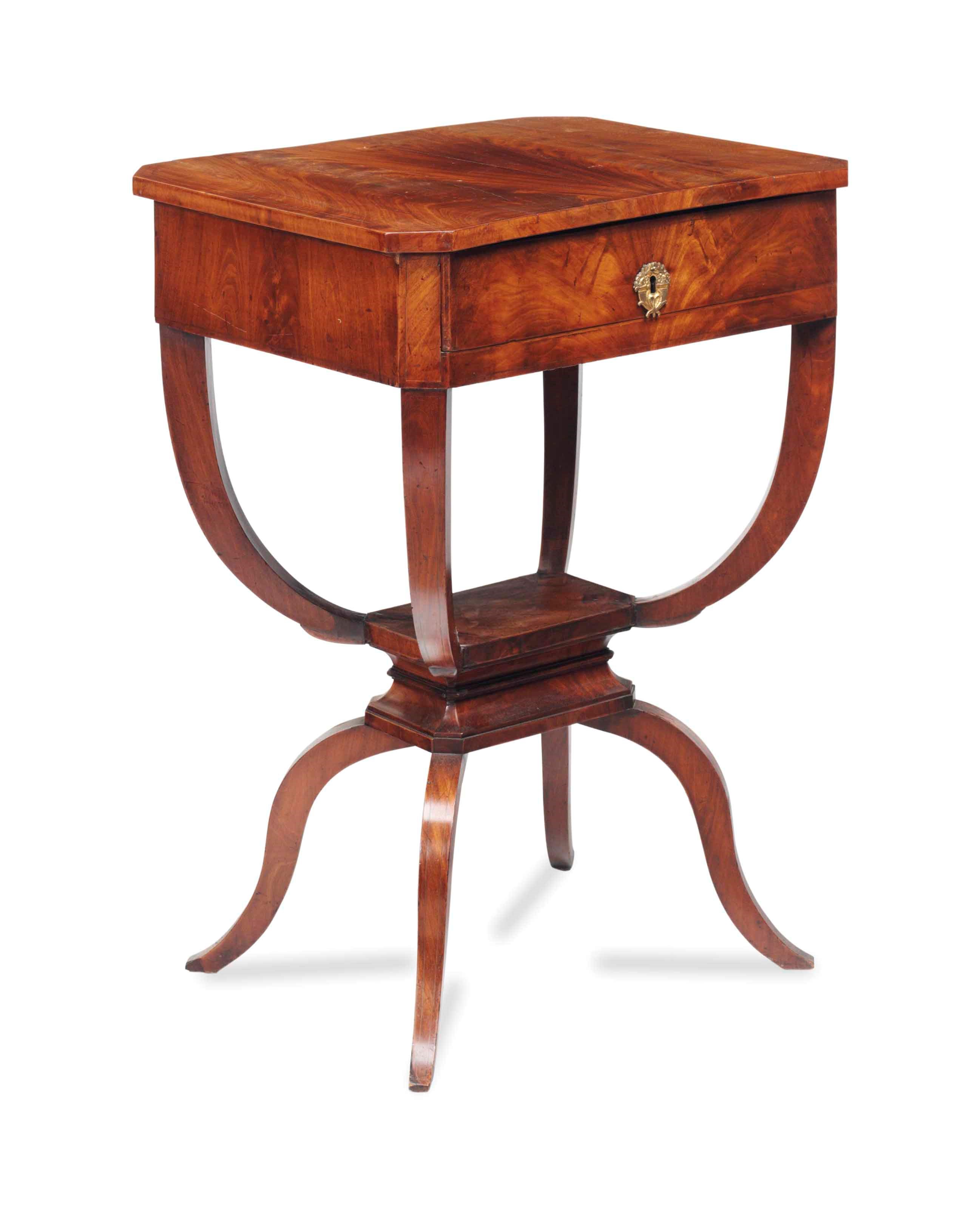 A CONTINENTAL INLAID MAHOGANY SLIDING TOP WORK TABLE,