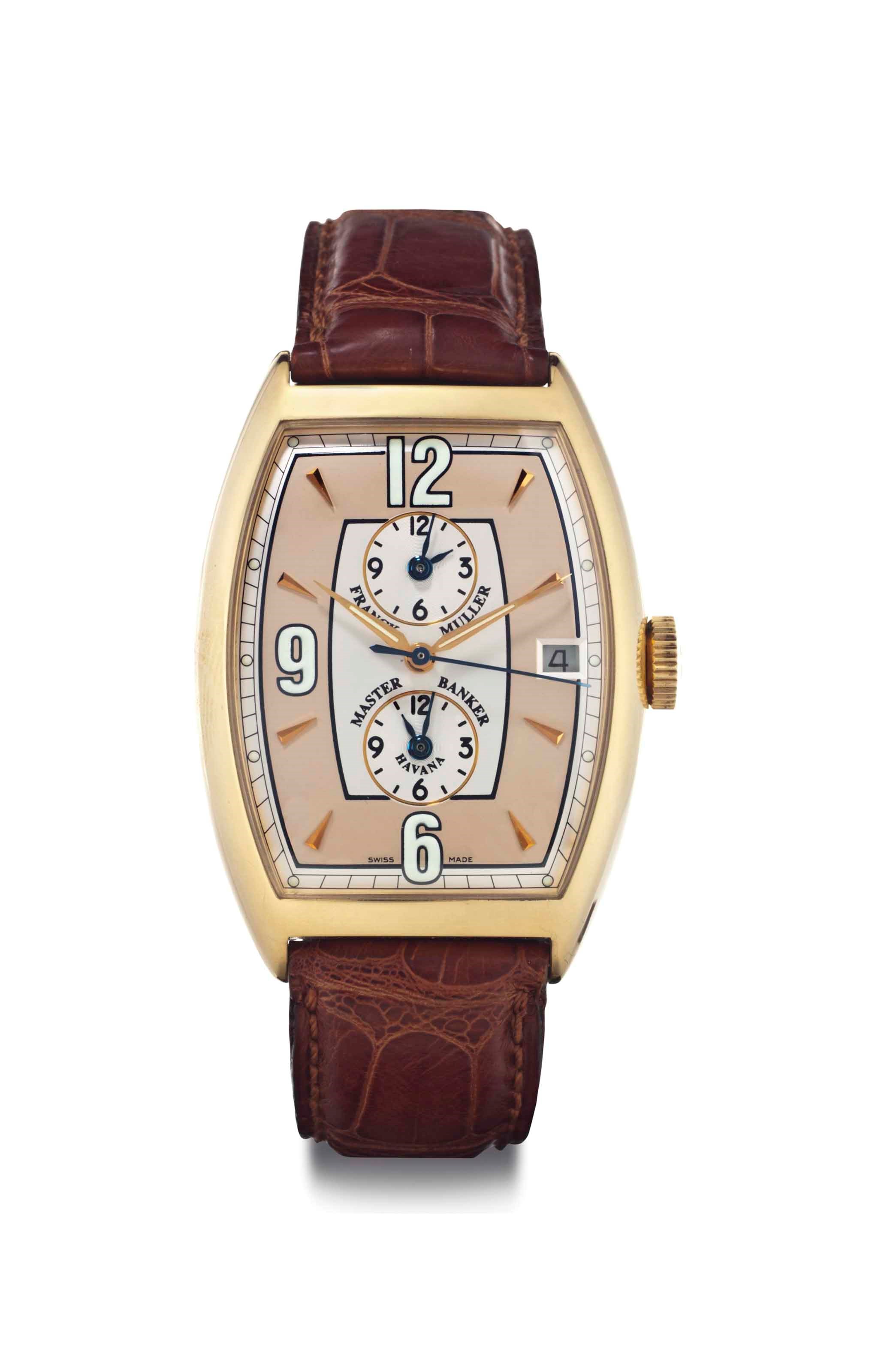 Franck Muller. An 18k Gold Automatic Triple Time Zone Wristwatch With Date and Center Seconds