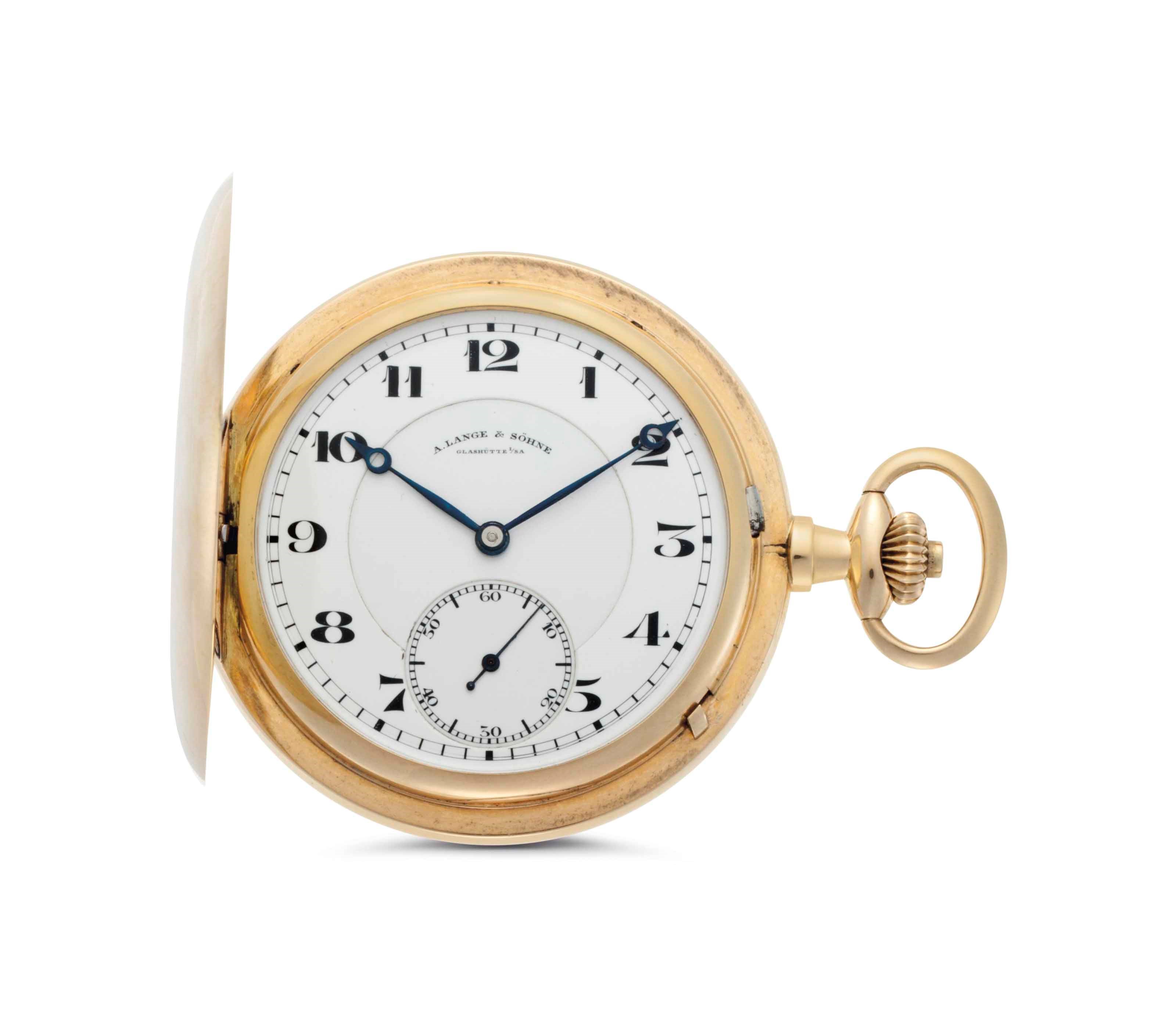 A. Lange & Söhne. An 14k Gold Hunter Case Keyless Lever Pocket Watch