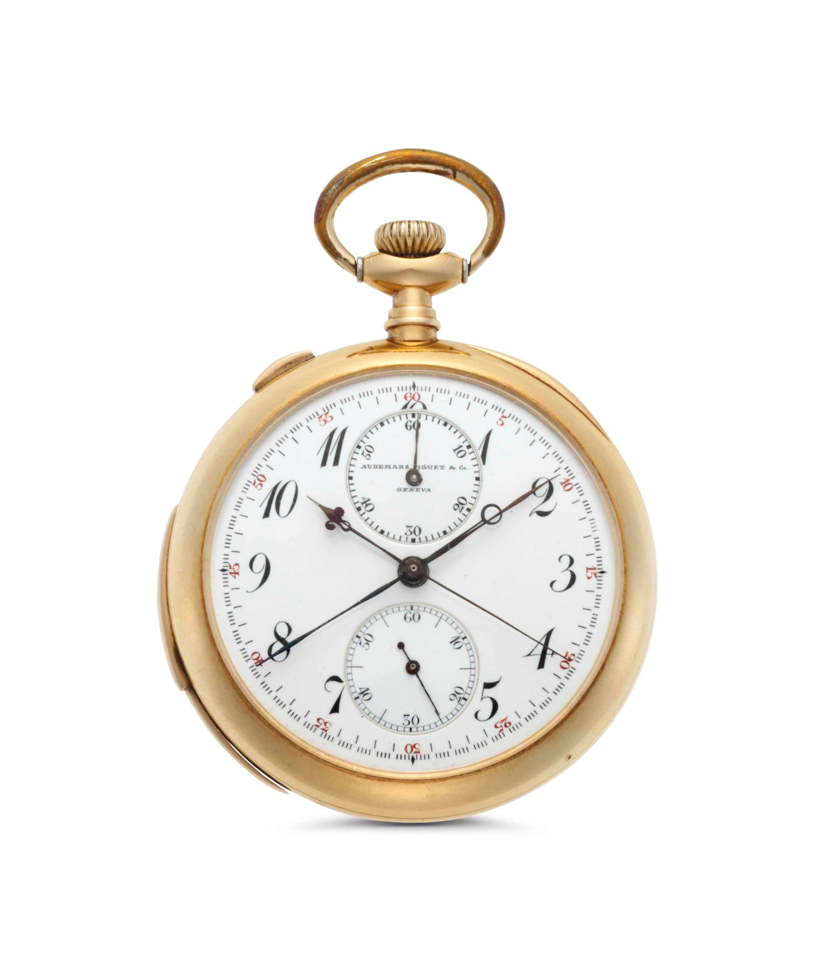 Audemars Piguet. An 18k Gold Minute Repeating Openface Keyless Lever Split-Seconds Pocket Watch