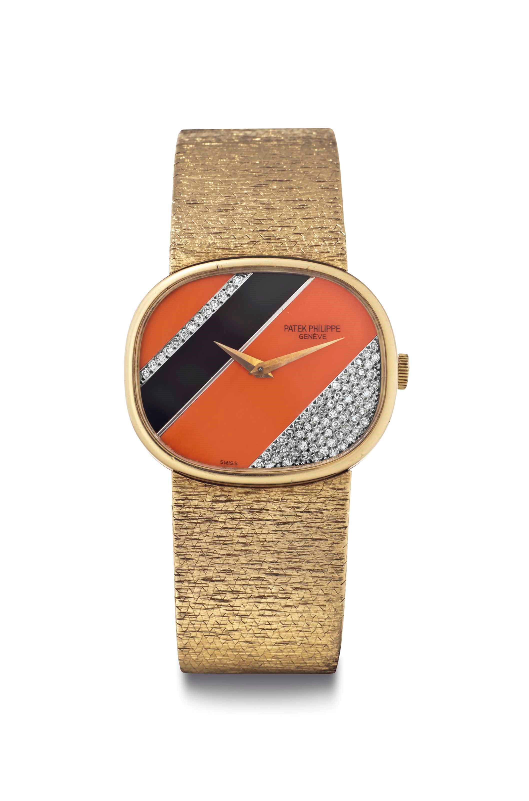 Patek Philippe. A Fine 18k Gold, Coral, Onyx, and Diamond Bracelet Wristwatch
