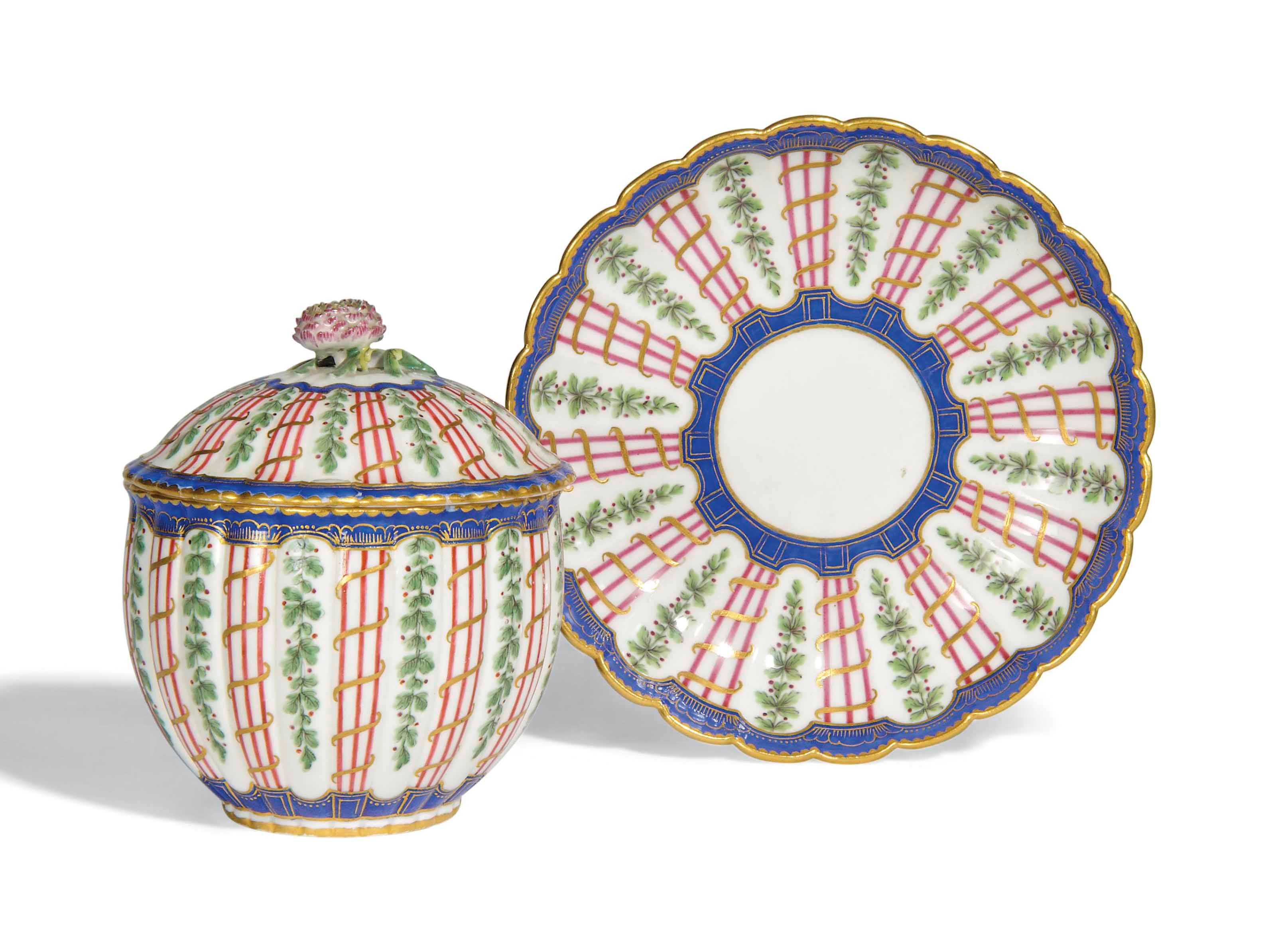 A SEVRES SUGAR-BOWL AND COVER (SUCRIER 'CANNELE' ET COUVERCLE) AND A SAUCER (SOUCOUPE, 2EME GRANDEUR)