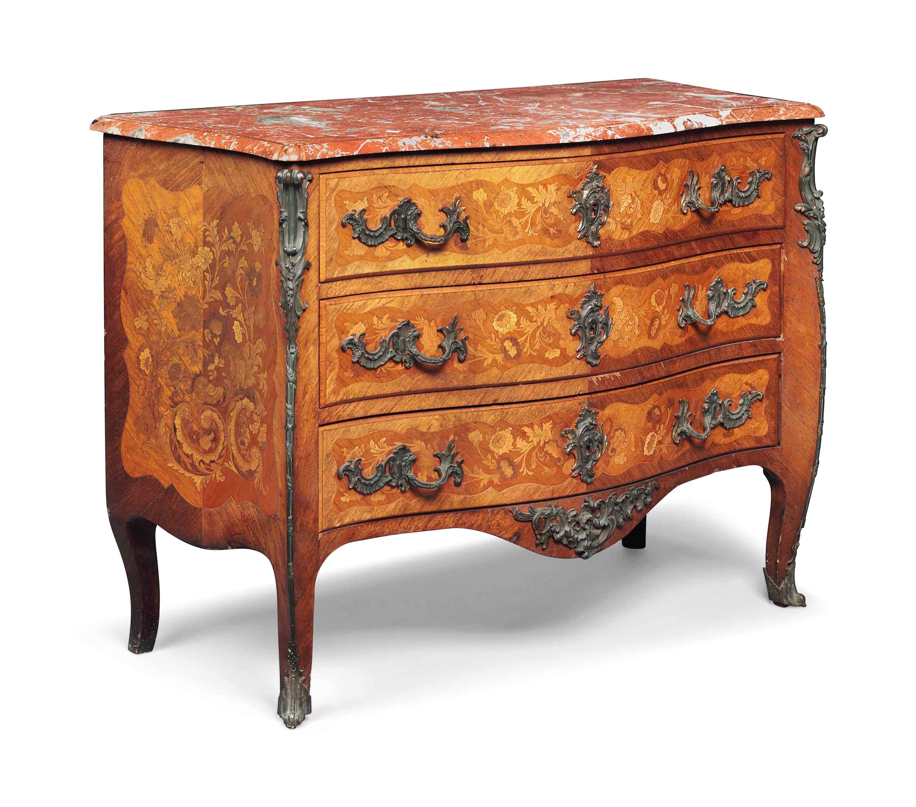 A FRENCH GILT-METAL MOUNTED KINGWOOD AND FLORAL MARQUETRY COMMODE