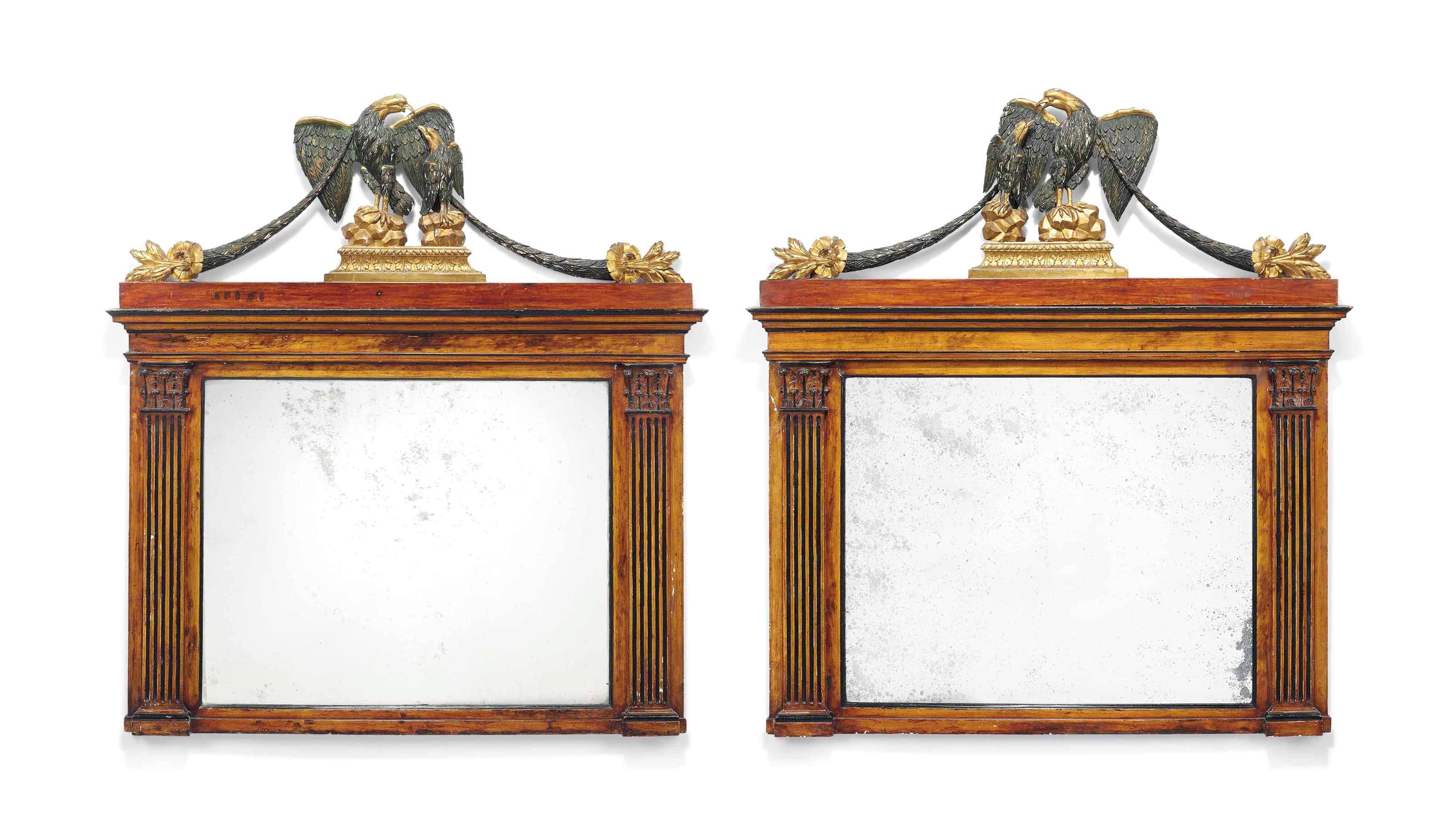 A PAIR OF NORTH ITALIAN GRAINED, EBONISED, GREEN PAINTED AND PARCEL GILT OVERMANTEL MIRRORS