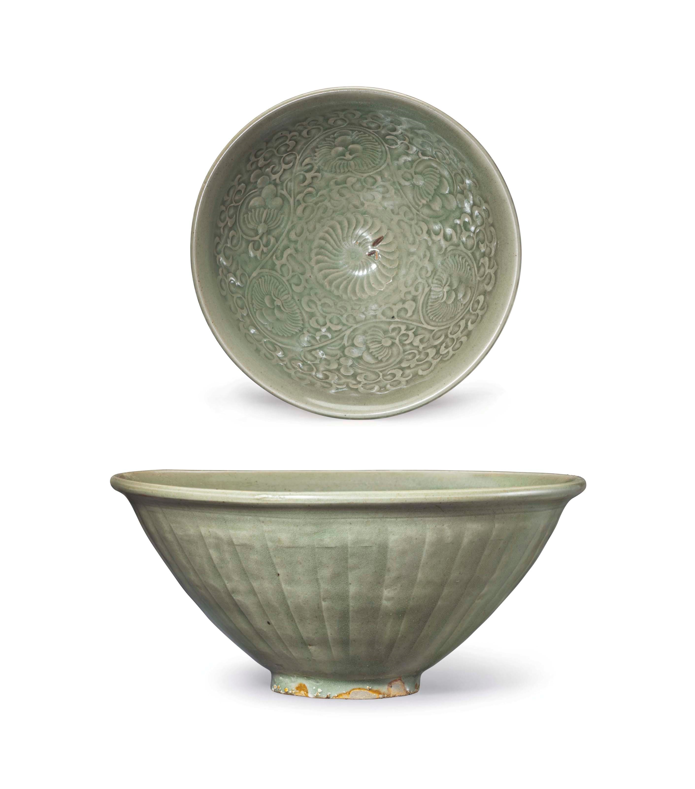 A RARE LARGE YAOZHOU CELADON CARVED CONICAL BOWL