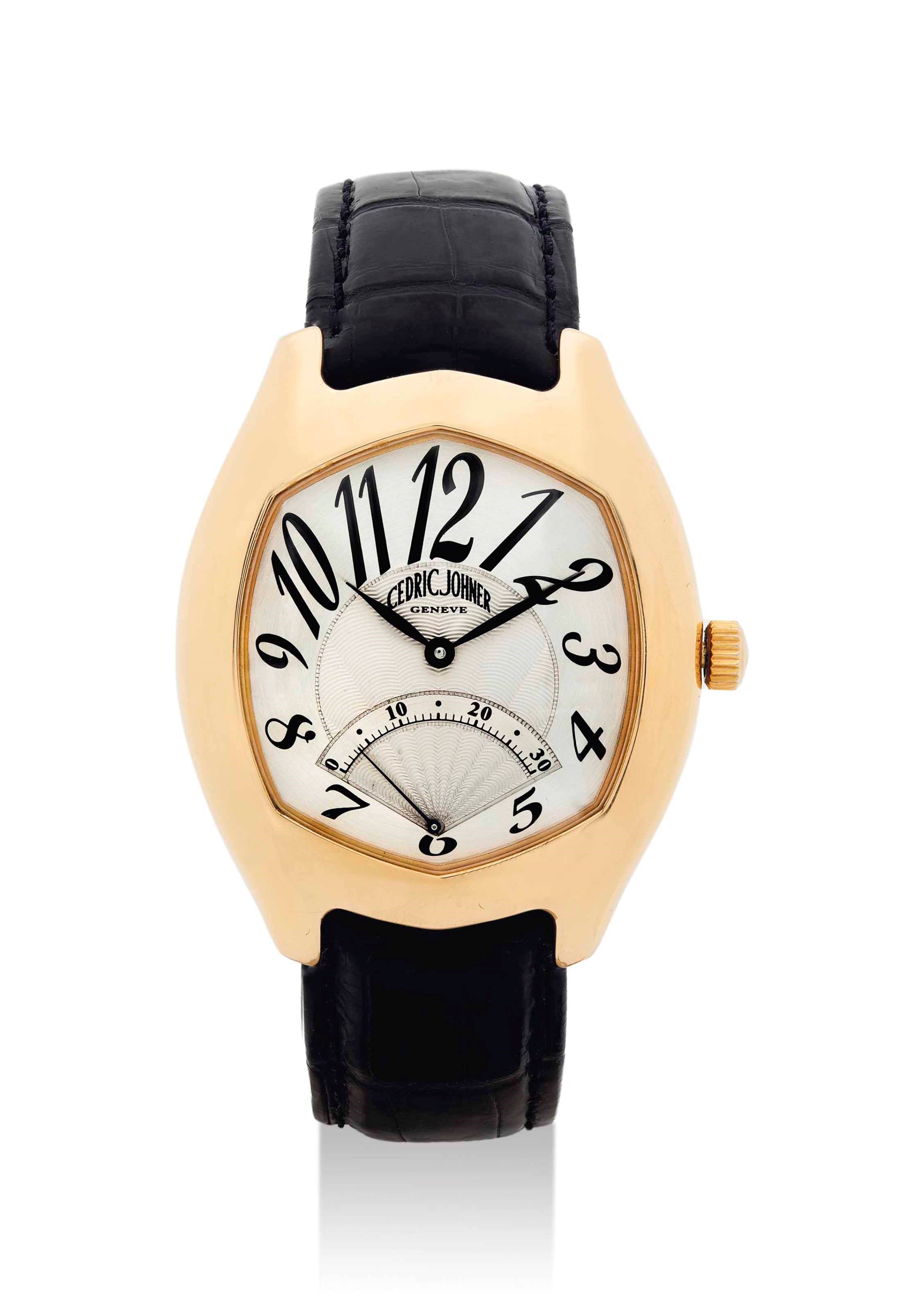 CÉDRIC JOHNER. AN 18K GOLD AUTOMATIC TONNEAU-SHAPED WRISTWATCH WITH RETROGRADE SECONDS