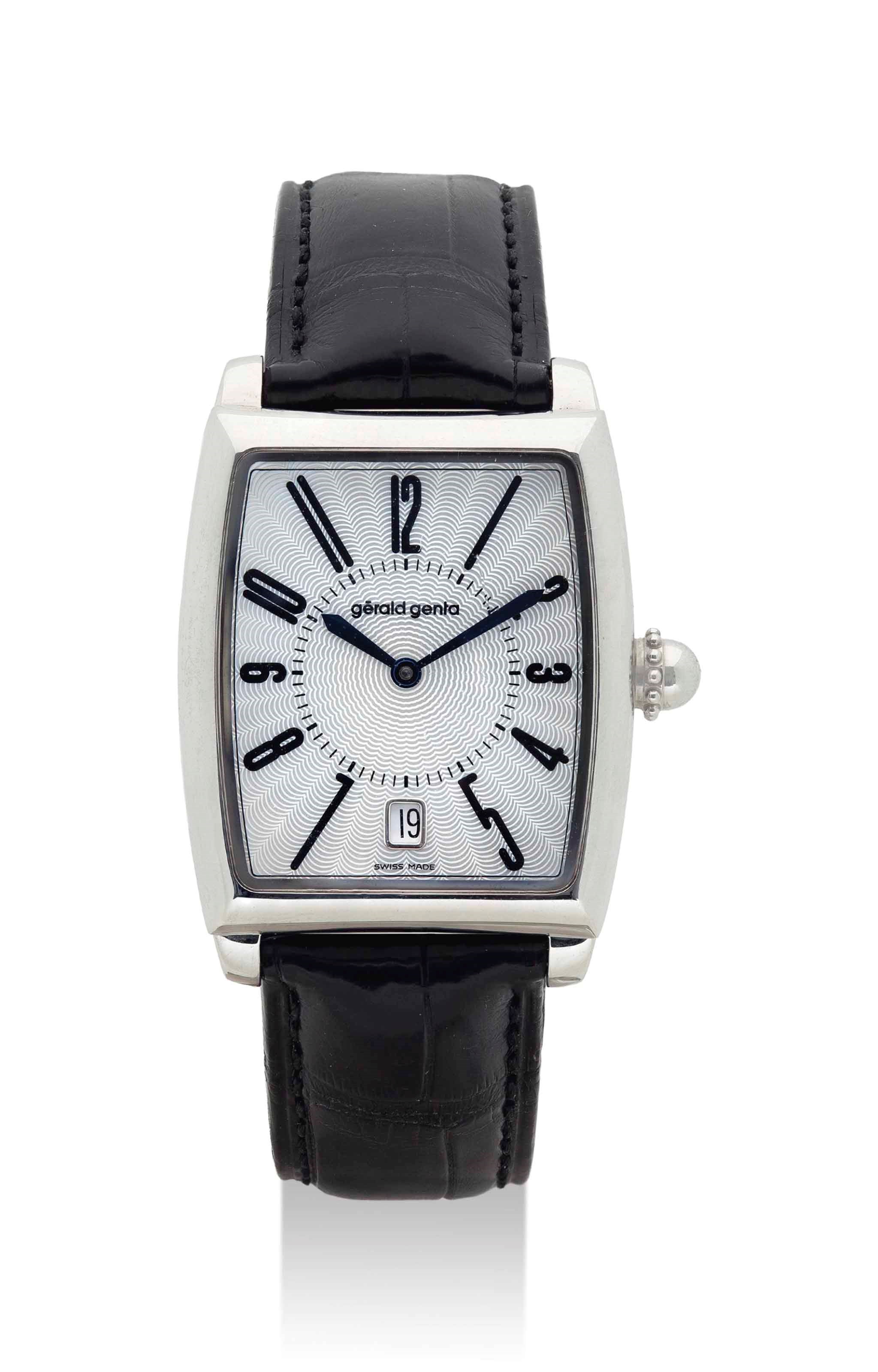 GERALD GENTA. A FINE STAINLESS STEEL RECTANGULAR WRISTWATCH WITH DATE