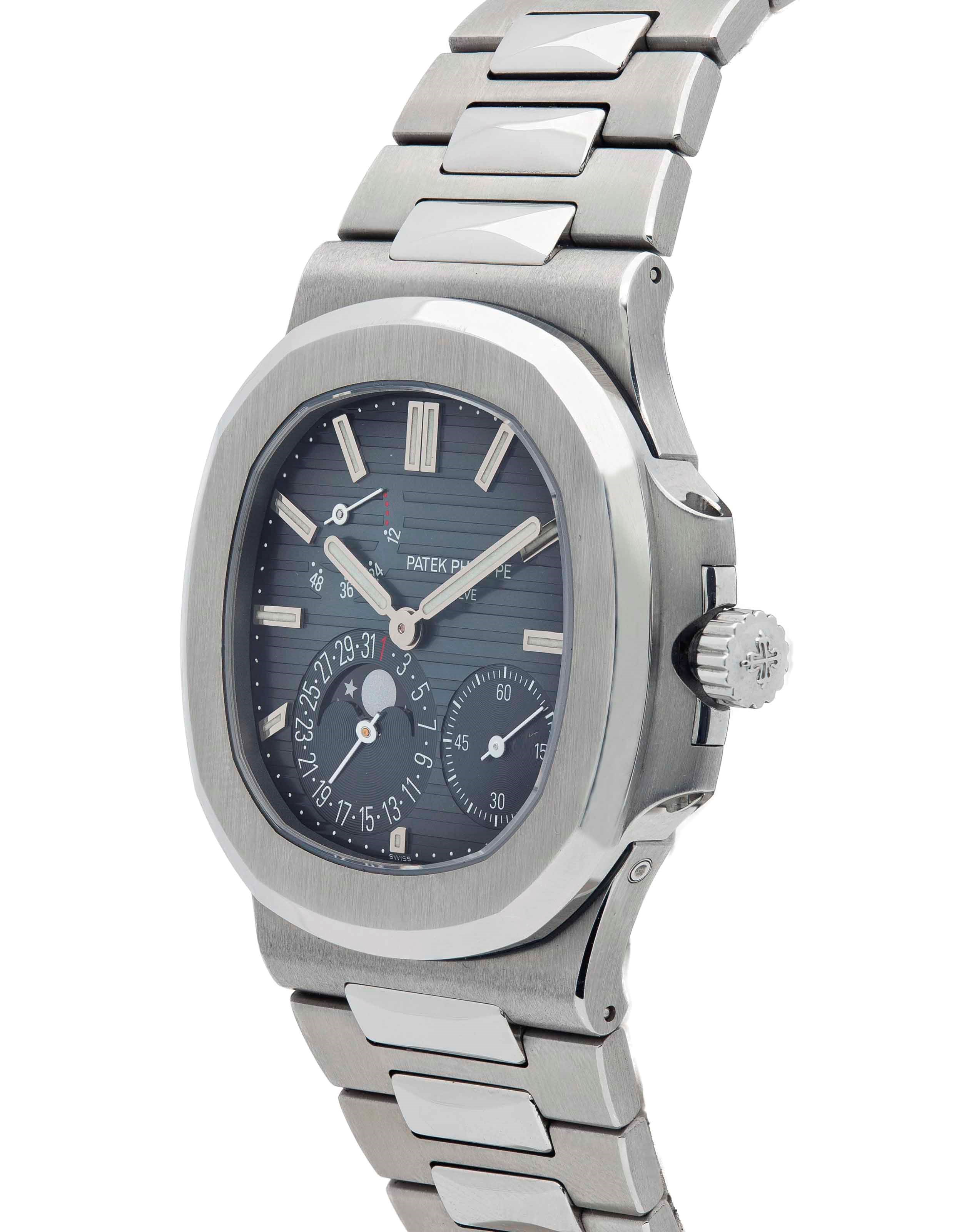 PATEK PHILIPPE. A VERY FINE STAINLESS STEEL AUTOMATIC BRACET WATCH WITH POWER RESERVE, DATE, MOON PHASES, ORIGINAL CERIFICATE AND BOX