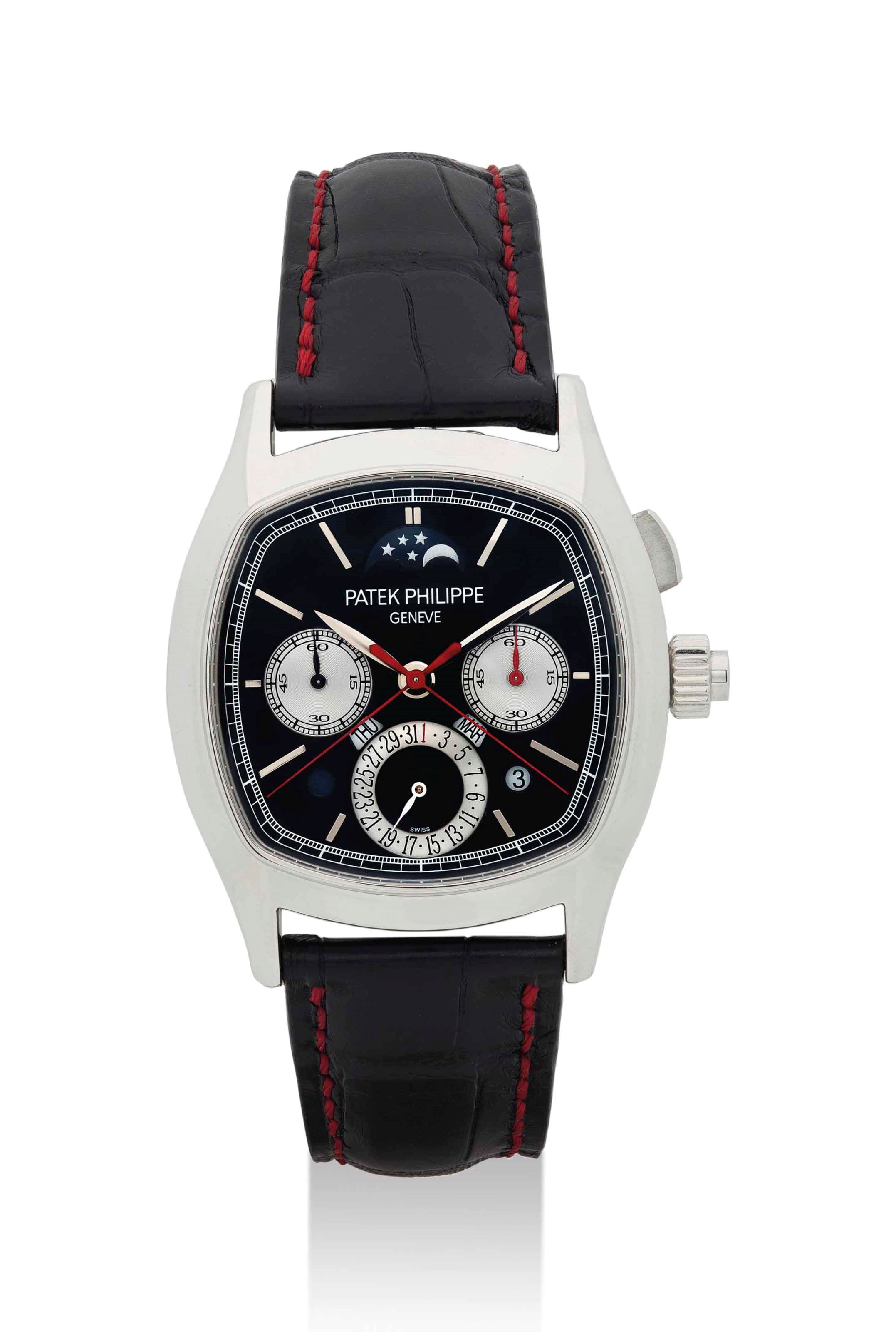 PATEK PHILIPPE. AN EXTREMELY FINE AND RARE PLATINUM CUSHION-SHAPED PERPETUAL CALENDAR SINGLE BUTTON SPLIT SECOND CHRONOGRAPH WRISTWATCH WITH MOON PHASES, DAY AND NIGHT DISPLAY, LEAP YEAR INDICATION, BLACK DIAL AND ORIGINAL CERTIFICATE