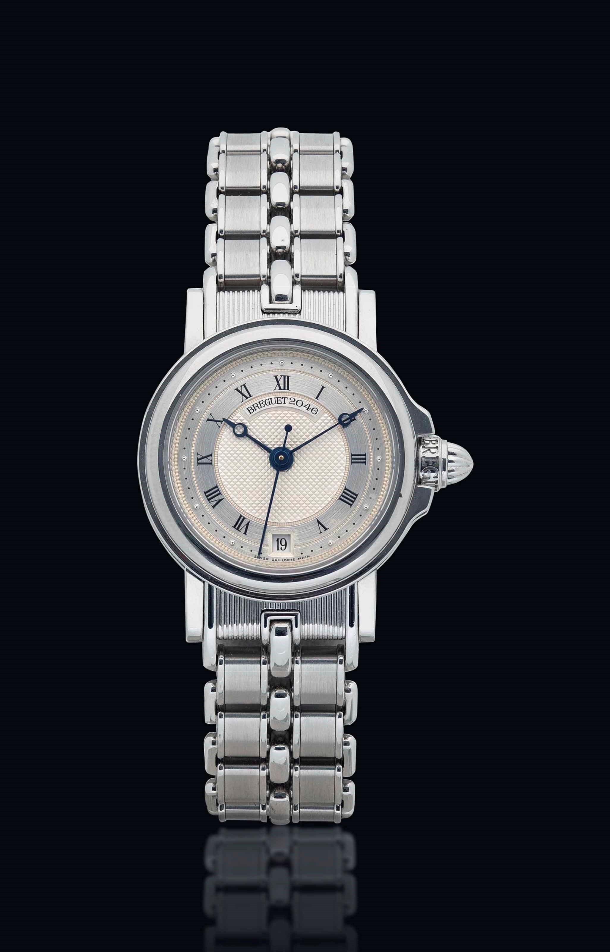 BREGUET. A LADY'S 18K WHITE GOLD AUTOMATIC WRISTWATCH WITH SWEEP CENTRE SECONDS, DATE AND BRACELET