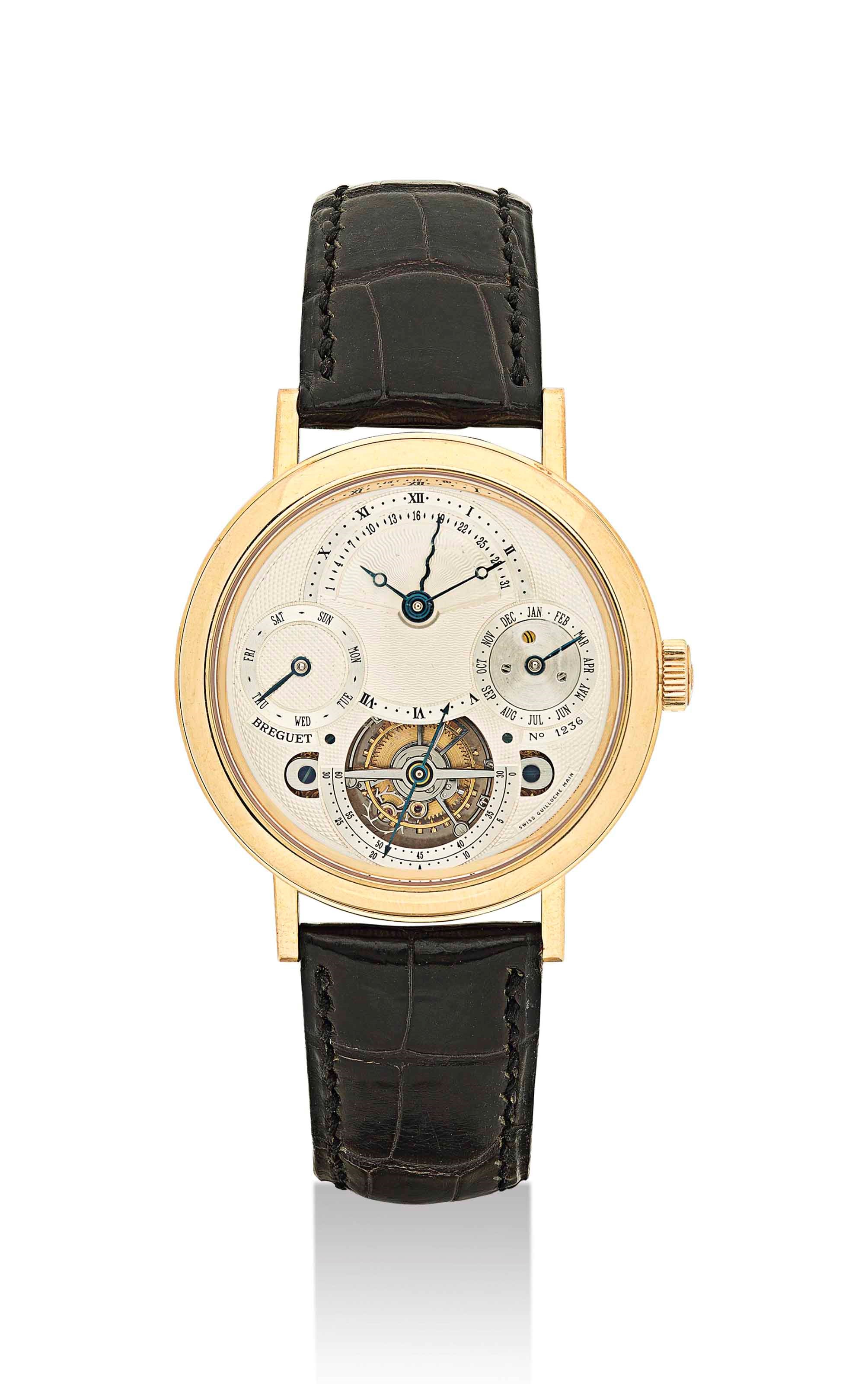 BREGUET. A FINE AND RARE 18K GOLD PERPETUAL CALENDAR TOURBILLON WRISTWATCH WITH RETROGRADE DATE AND LEAP YEAR INDICATION