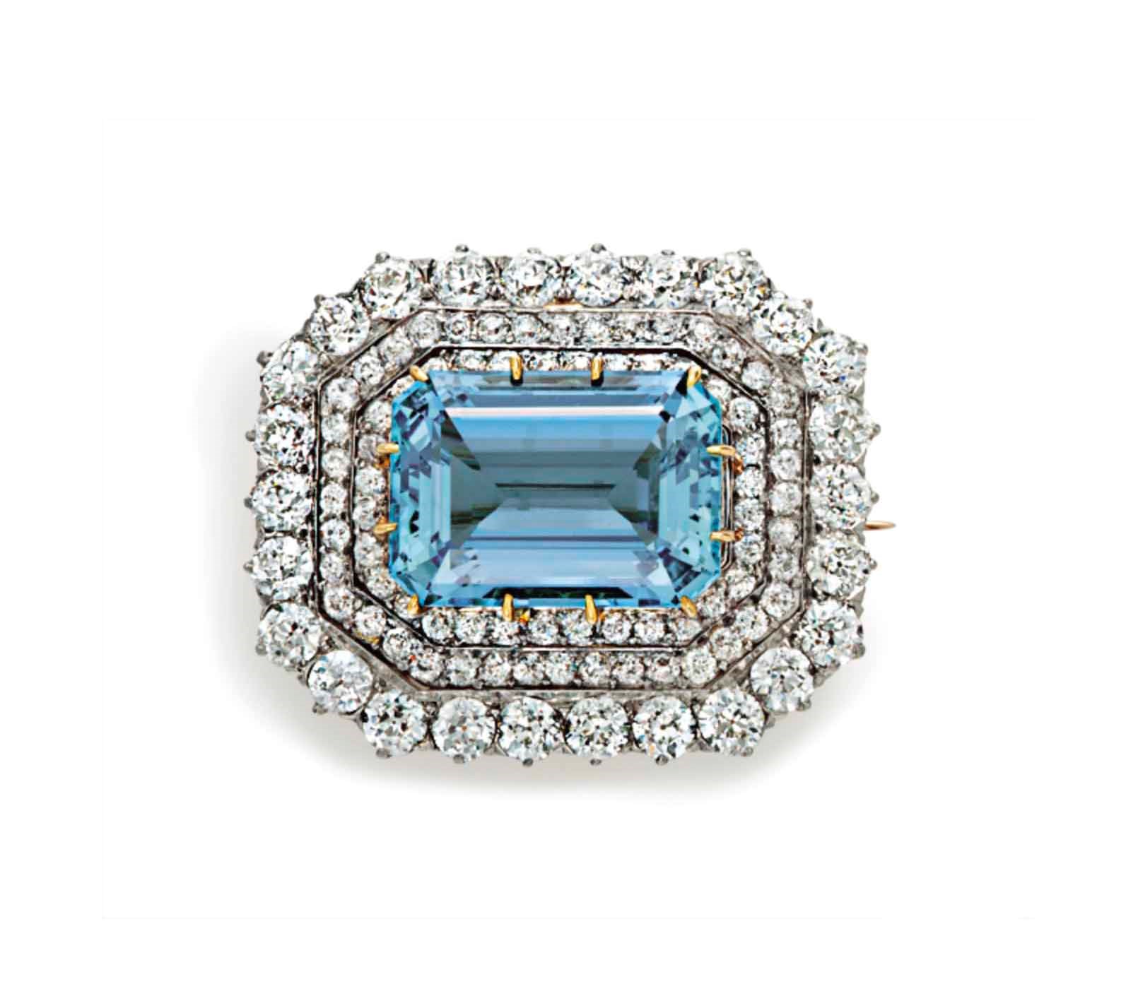 AN ANTIQUE AQUAMARINE AND DIAMOND BROOCH, BY TIFFANY & CO.